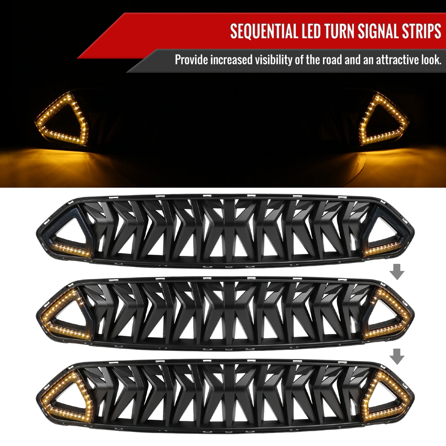 2018-2023 Ford Mustang Shark Hood Grille w/Sequential LED Turn Signal Lights