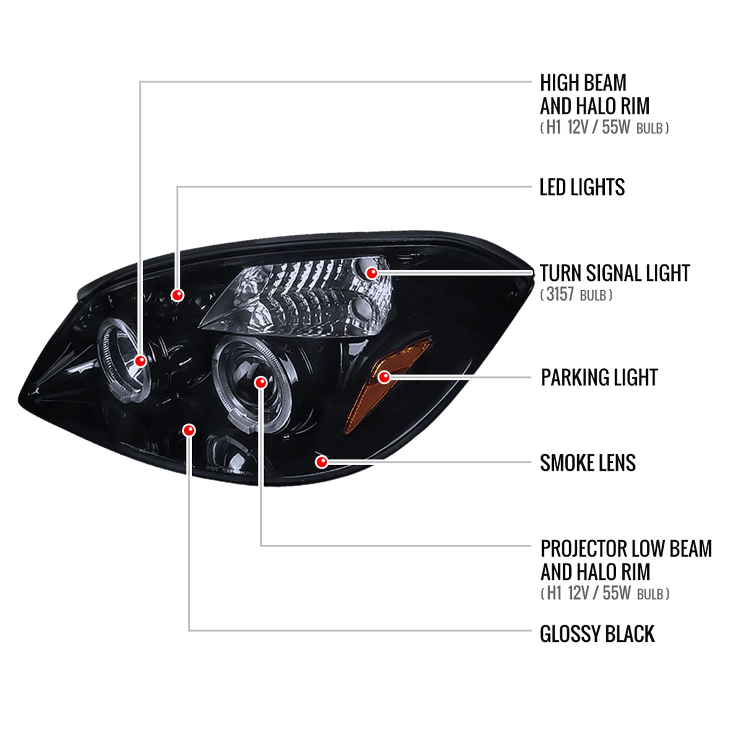 2005-2010 Chevy Cobalt Pontiac G5/Pursuit Dual Halo Projector Headlights Smoke