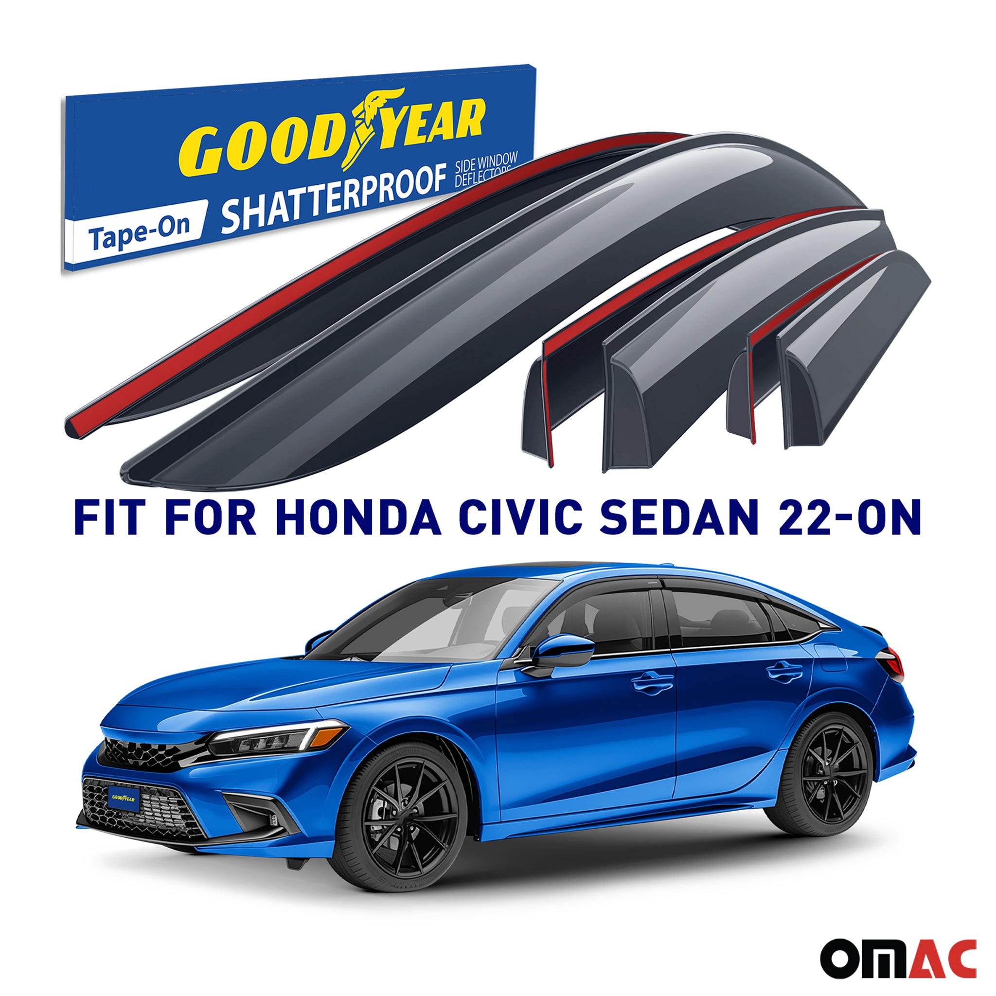 Goodyear Wind Deflectors for Honda Civic 2022-2025 Sedan Shatterproof Smoke 6x
