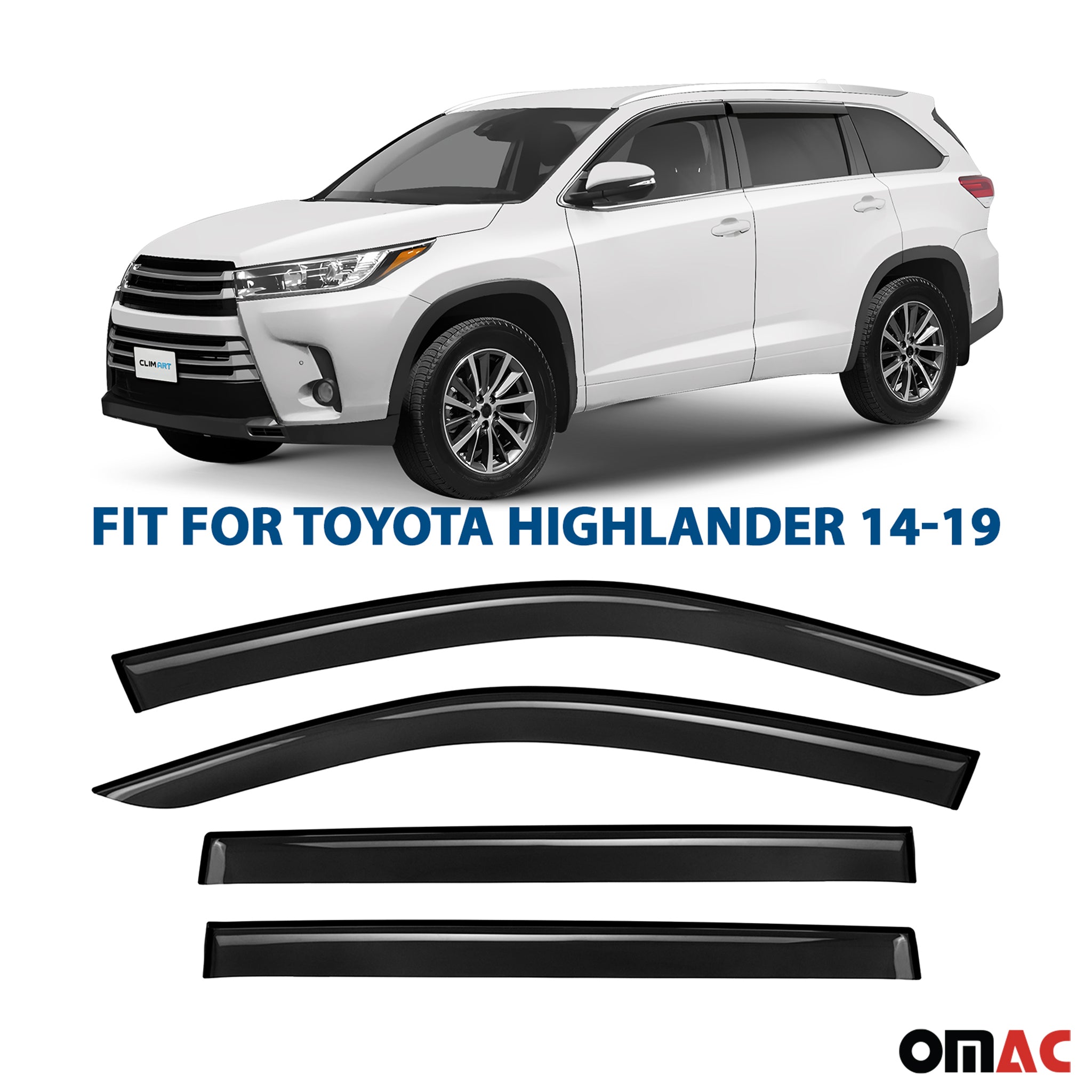 Clim Art Wind Deflectors for Toyota Highlander 2014-2019 Shatterproof Smoke 4x