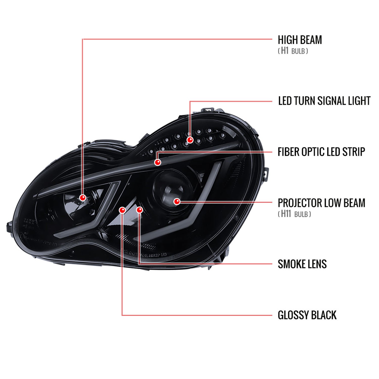 2001-2007 Mercedes W203 C Class Sedan LED Bar Headlights LED Signal Black