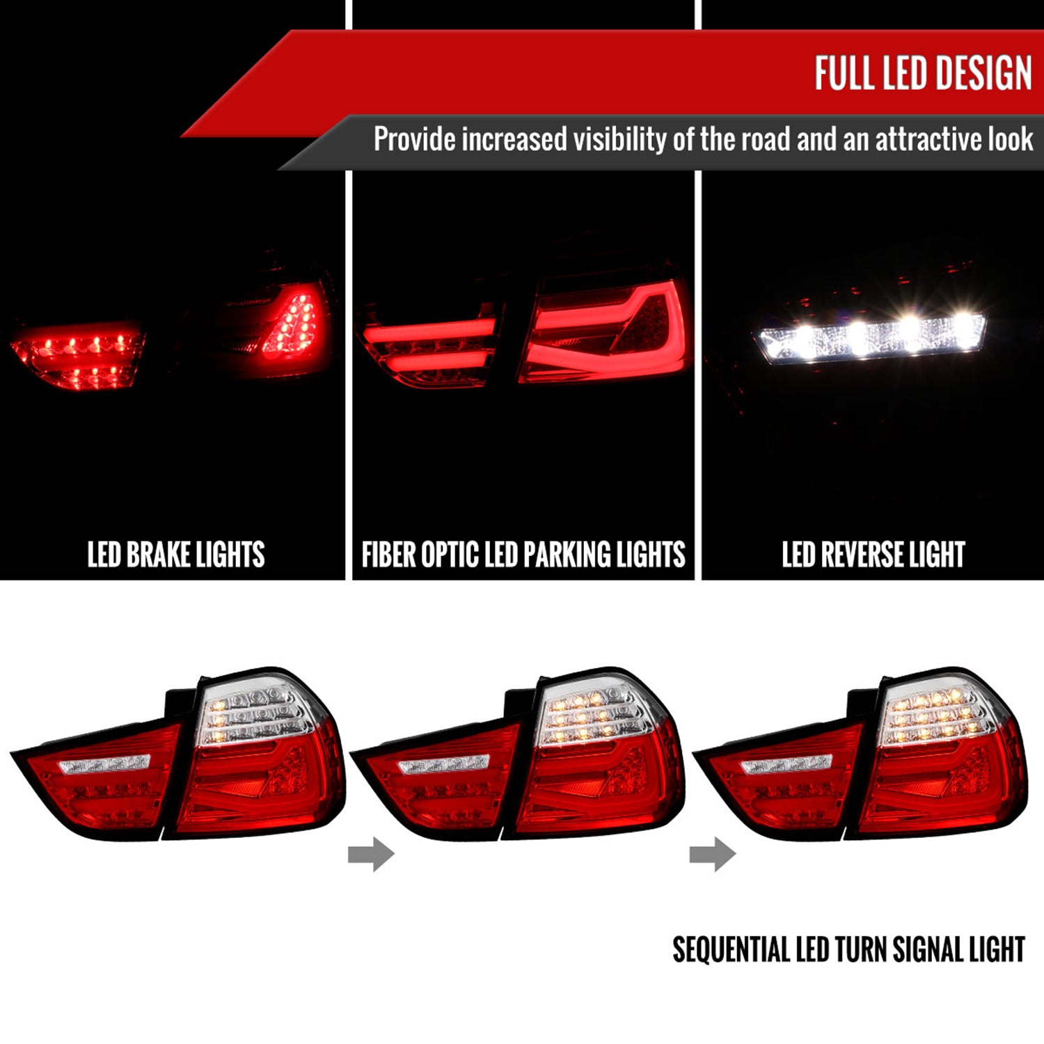 2009-2011 BMW E90 3-Series 4Dr Sedan Red LED Tail Light Chrome/Red Clear Lens