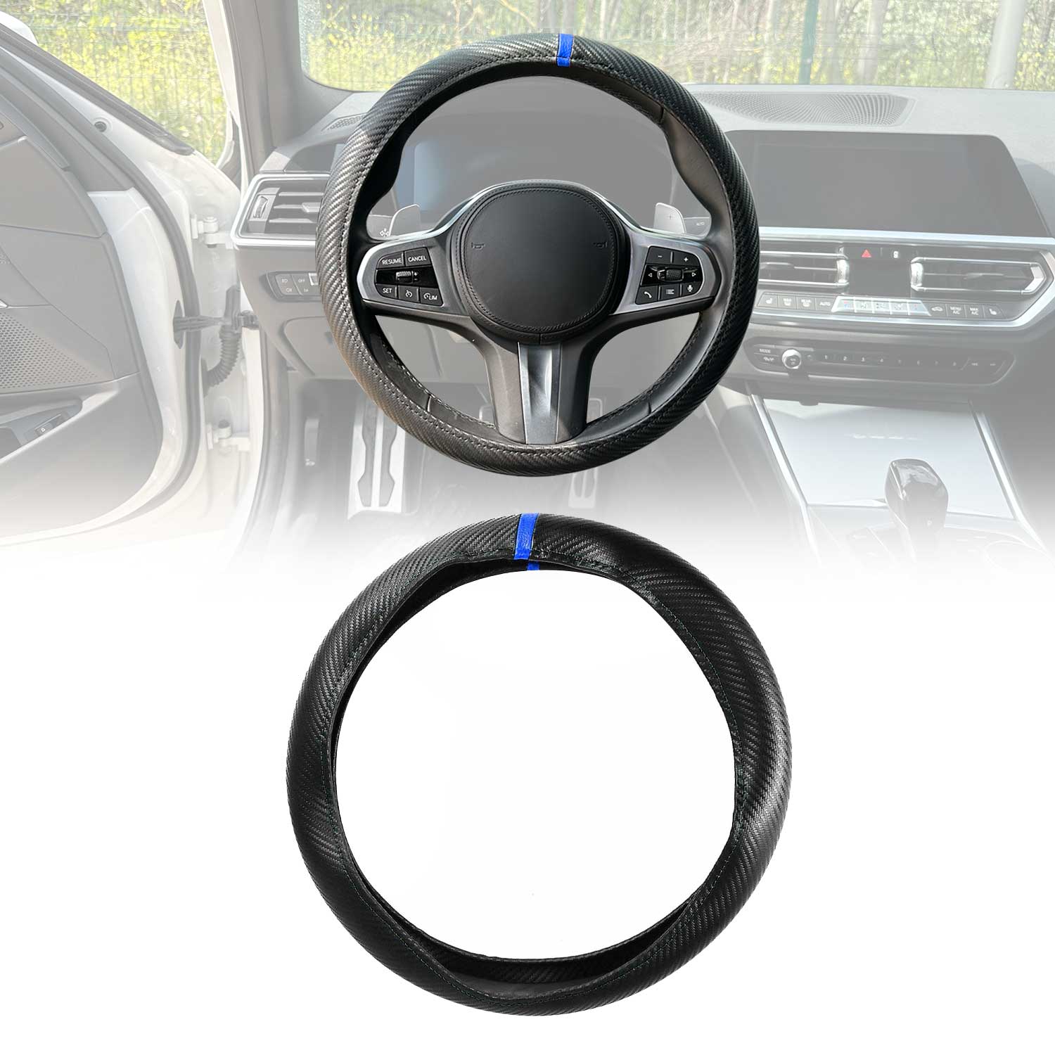 14.5-15.5’’ Steering Wheel Cover Blue Stripe Leather Anti-slip Breathable