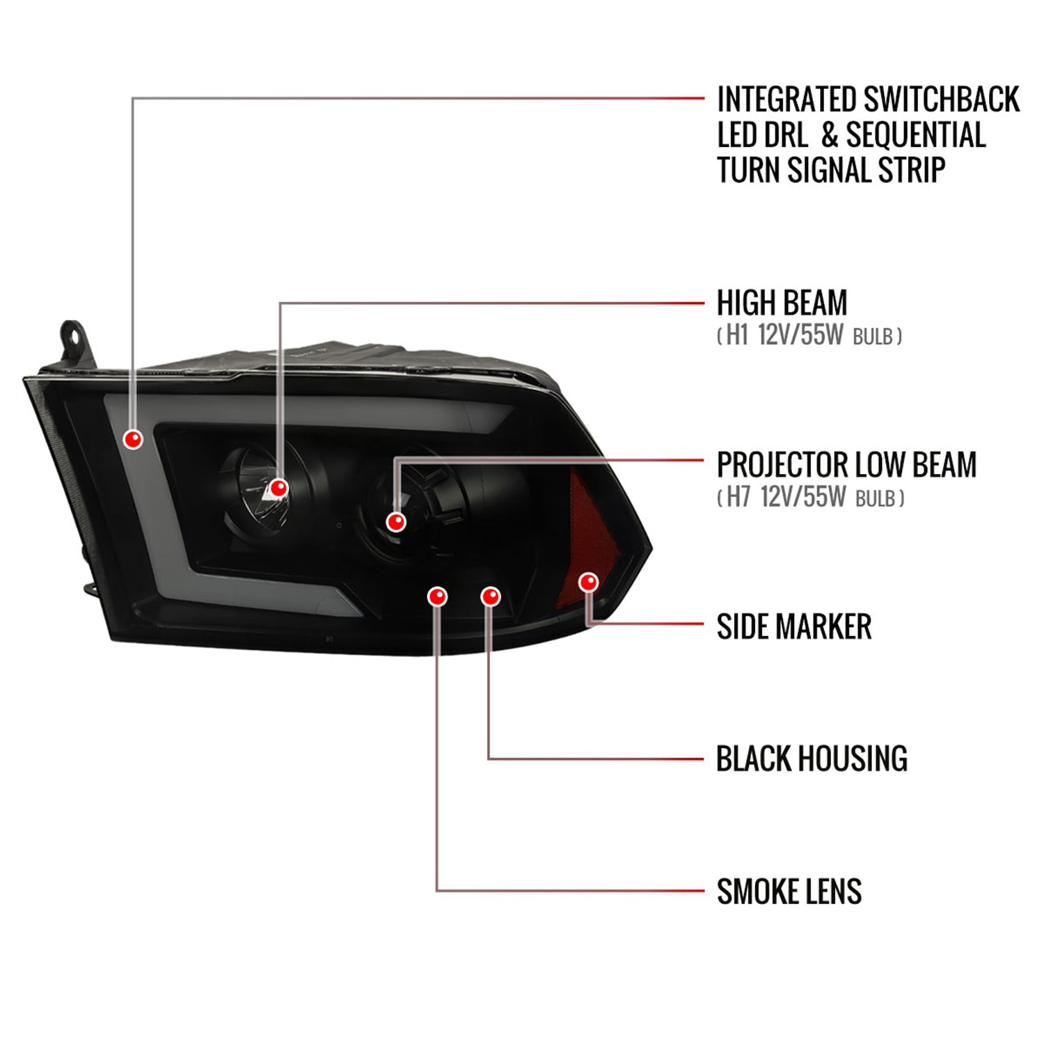 2009-2018 Dodge RAM 1500 / RAM 2500 3500 LED C-Bar Headlights Smoke
