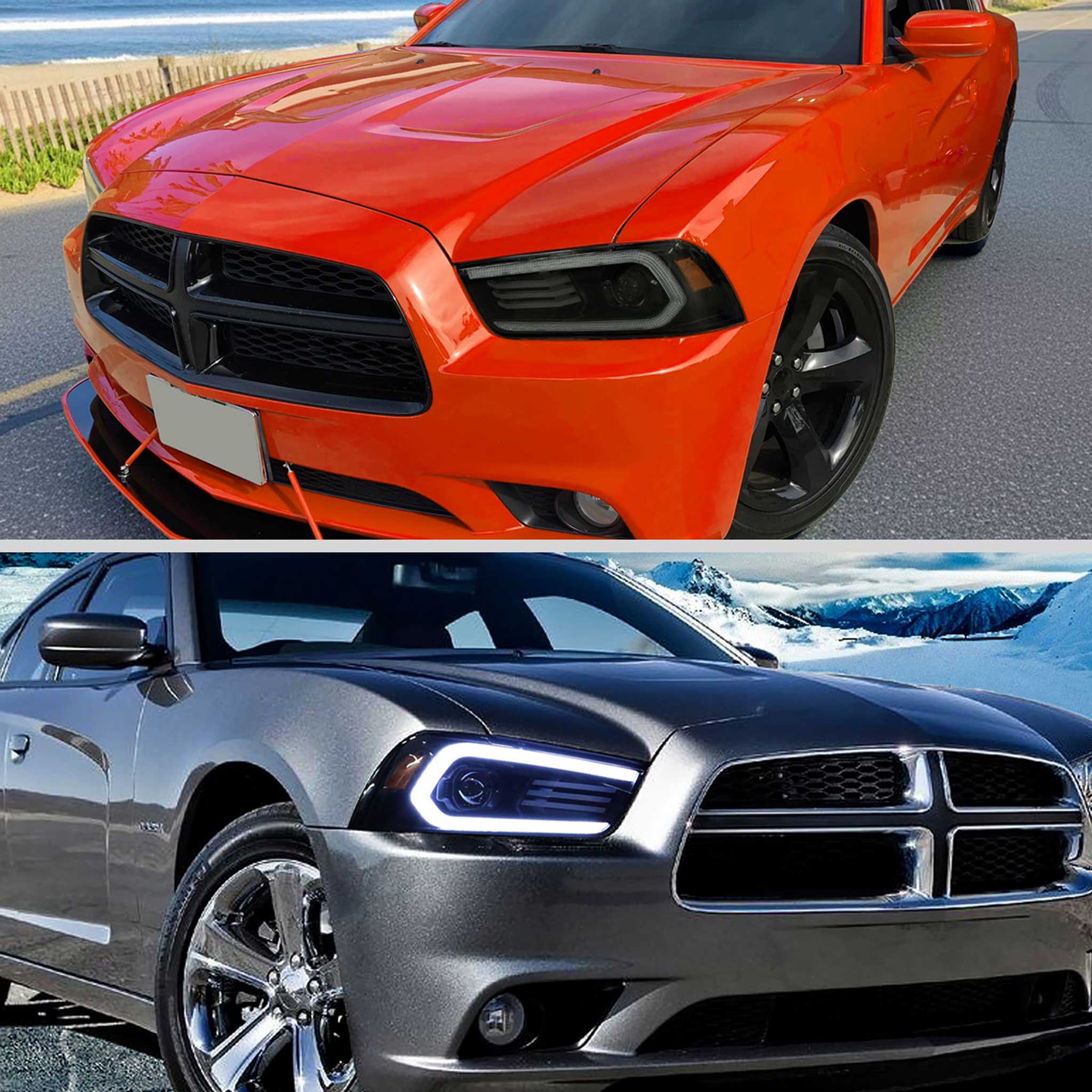 For Dodge Charger 2011-2014 Headlights LED DRL Light Strip Turn Signal Side Marker Black Housing Smoked Lens