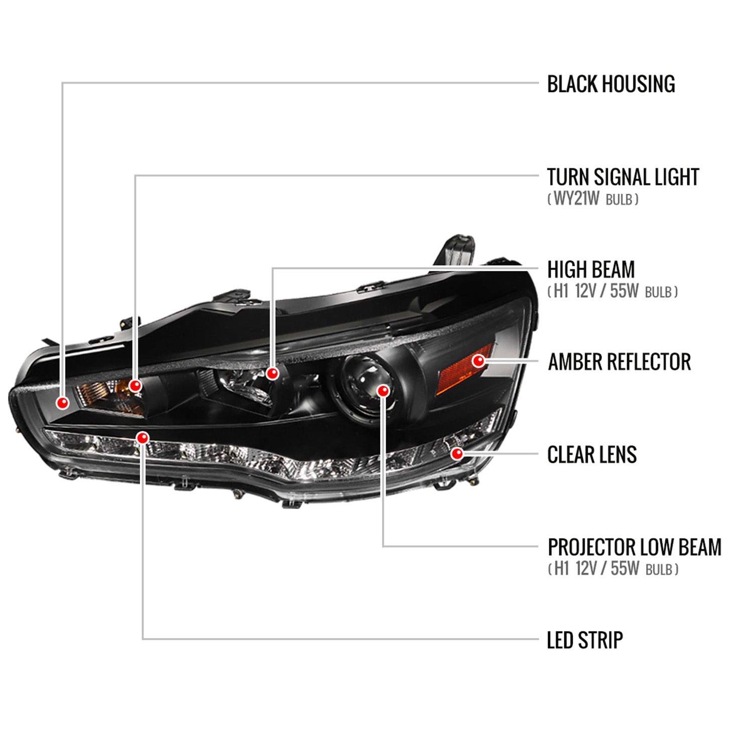 2008-2015 Mitsubishi Lancer EVO Projector Headlights SMD LED Light Strip Black
