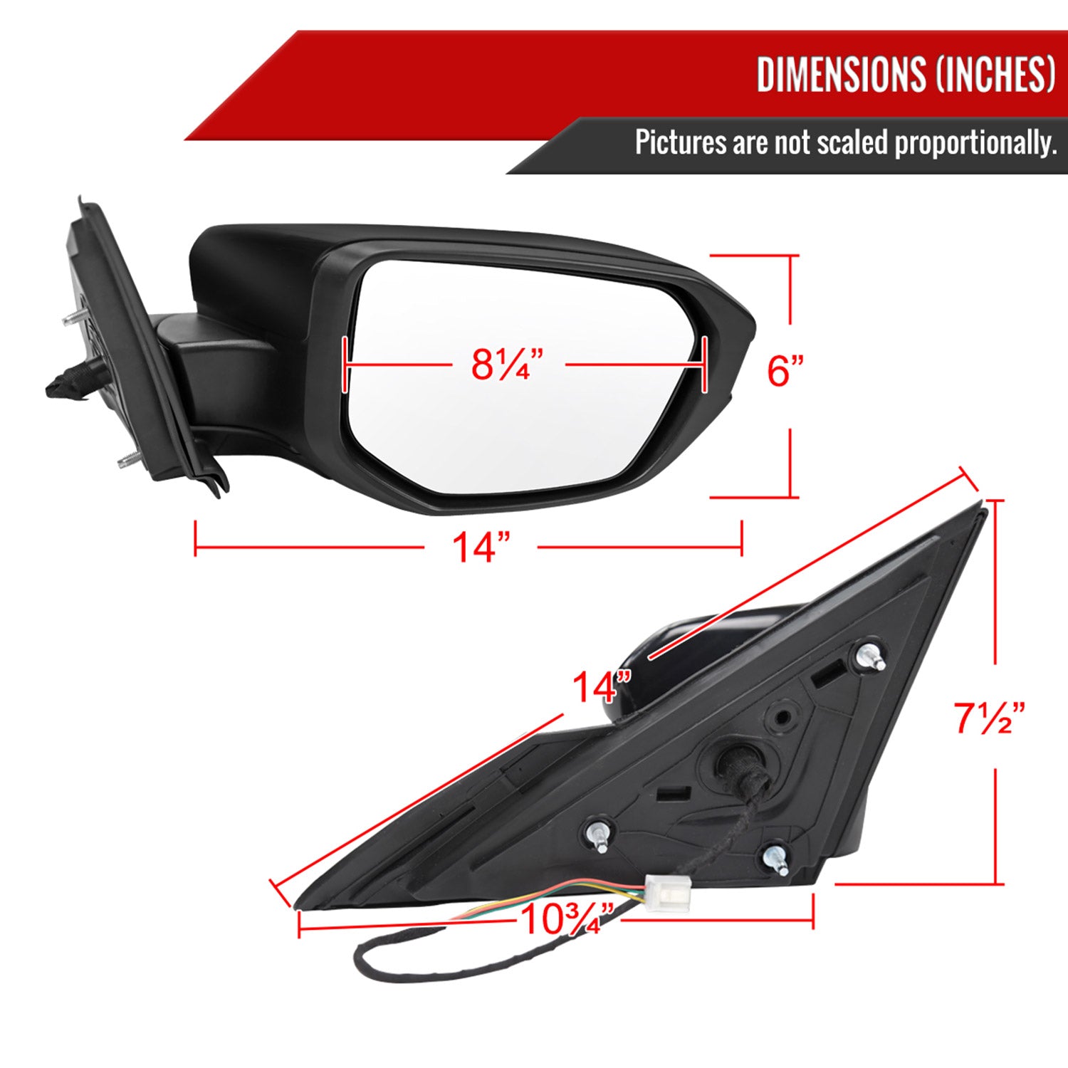 2016-2020 Honda Civic Passenger/Right 3Pin Glossy Black Adjustable Side Mirror