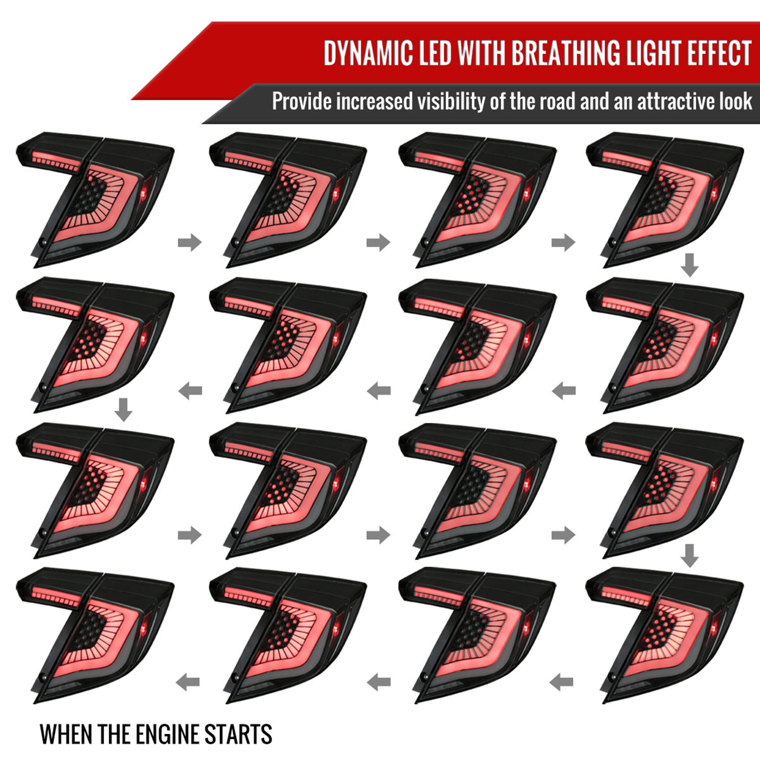 2017-2021 Honda Civic Hatchback Turn Signal LED Tail Lights Black/Smoke