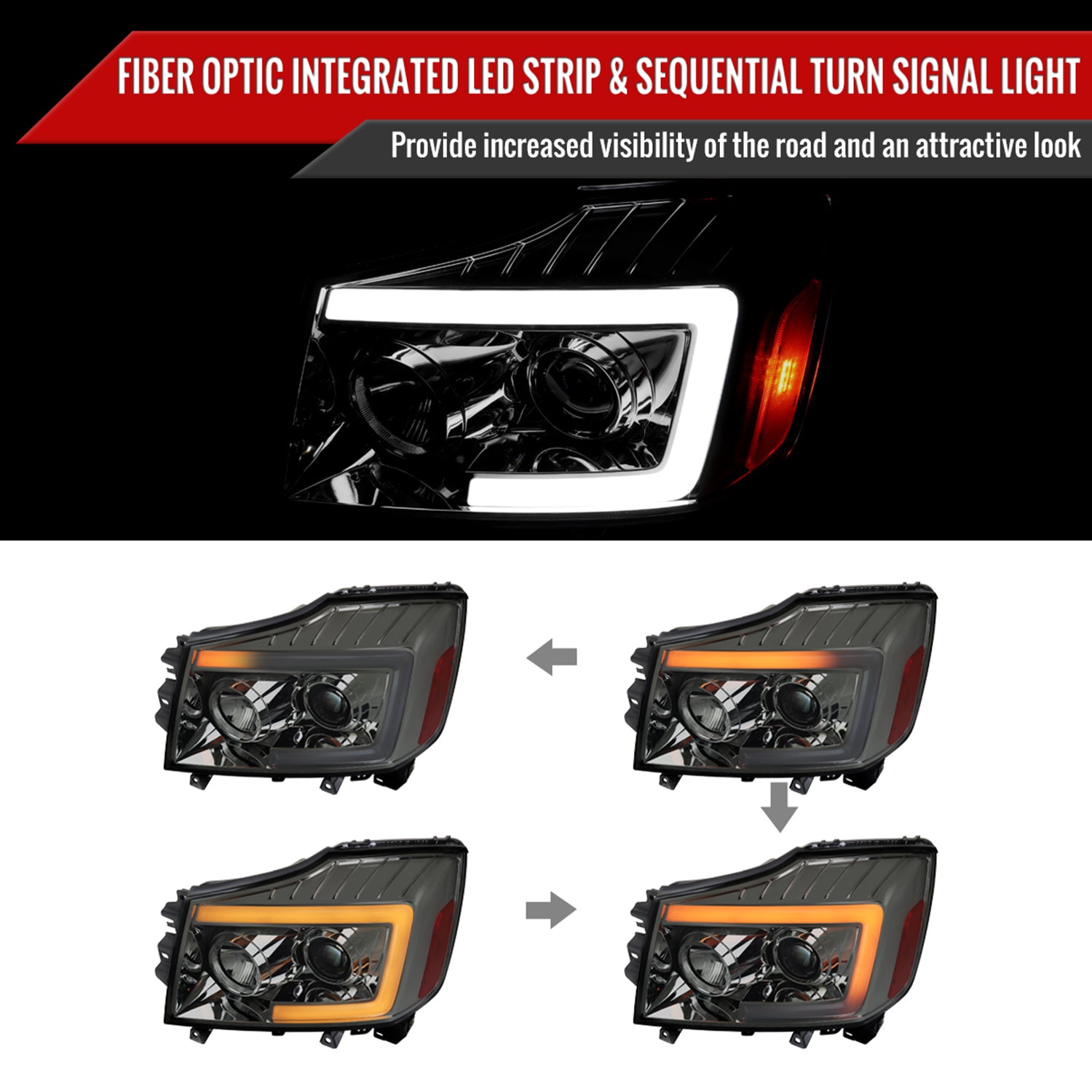 2004-2015 Nissan Titan / 04-2007 Armada LED C-Bar Headlights Signal Smoke