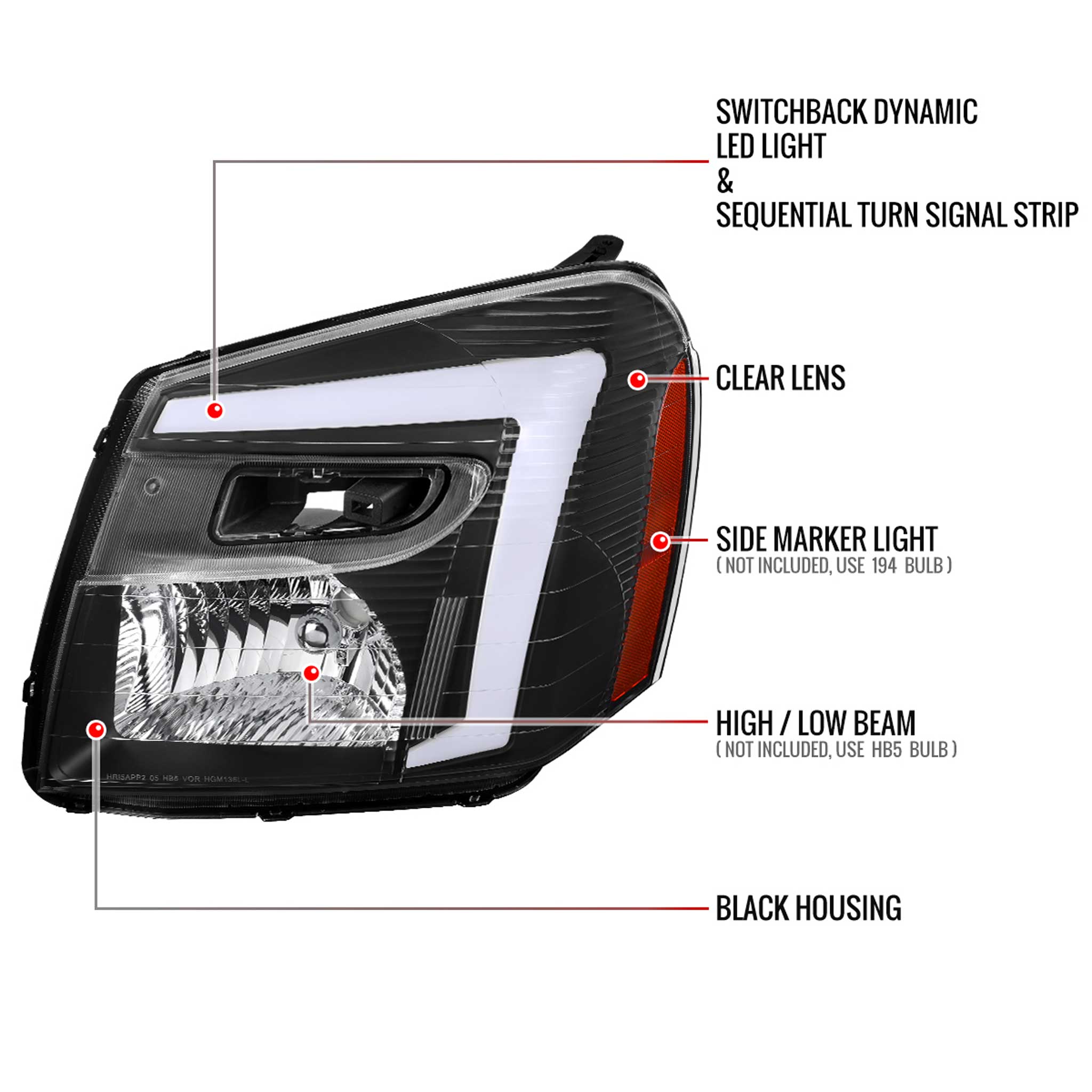 For Chevrolet Equinox 2005-2009 Headlights Switchback LED Bar Turn Signal Matte Black Housing Clear Lens