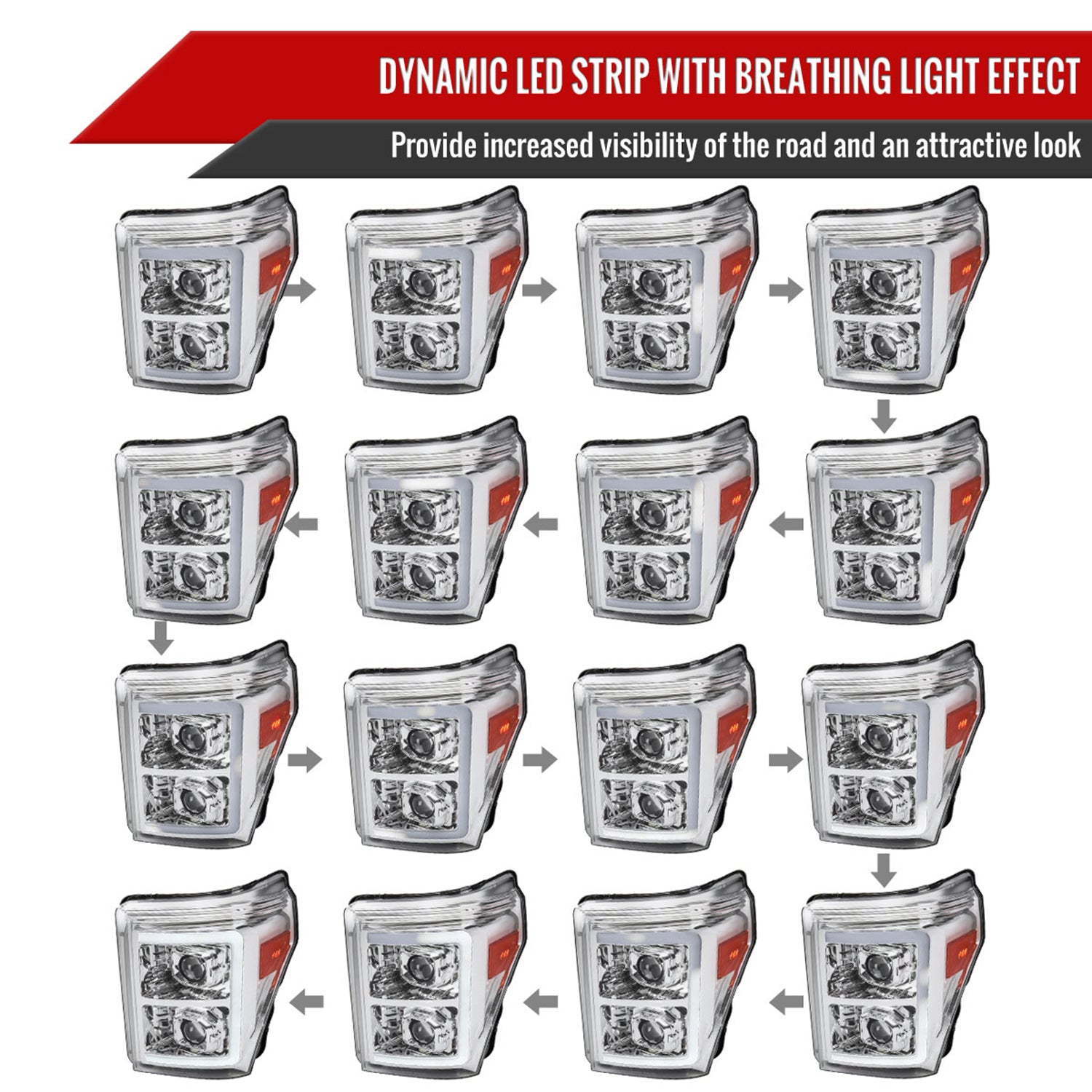 2011-2016 Ford F-250 F-350 F-450 F-550 LED CBar Projector Headlights Chrome