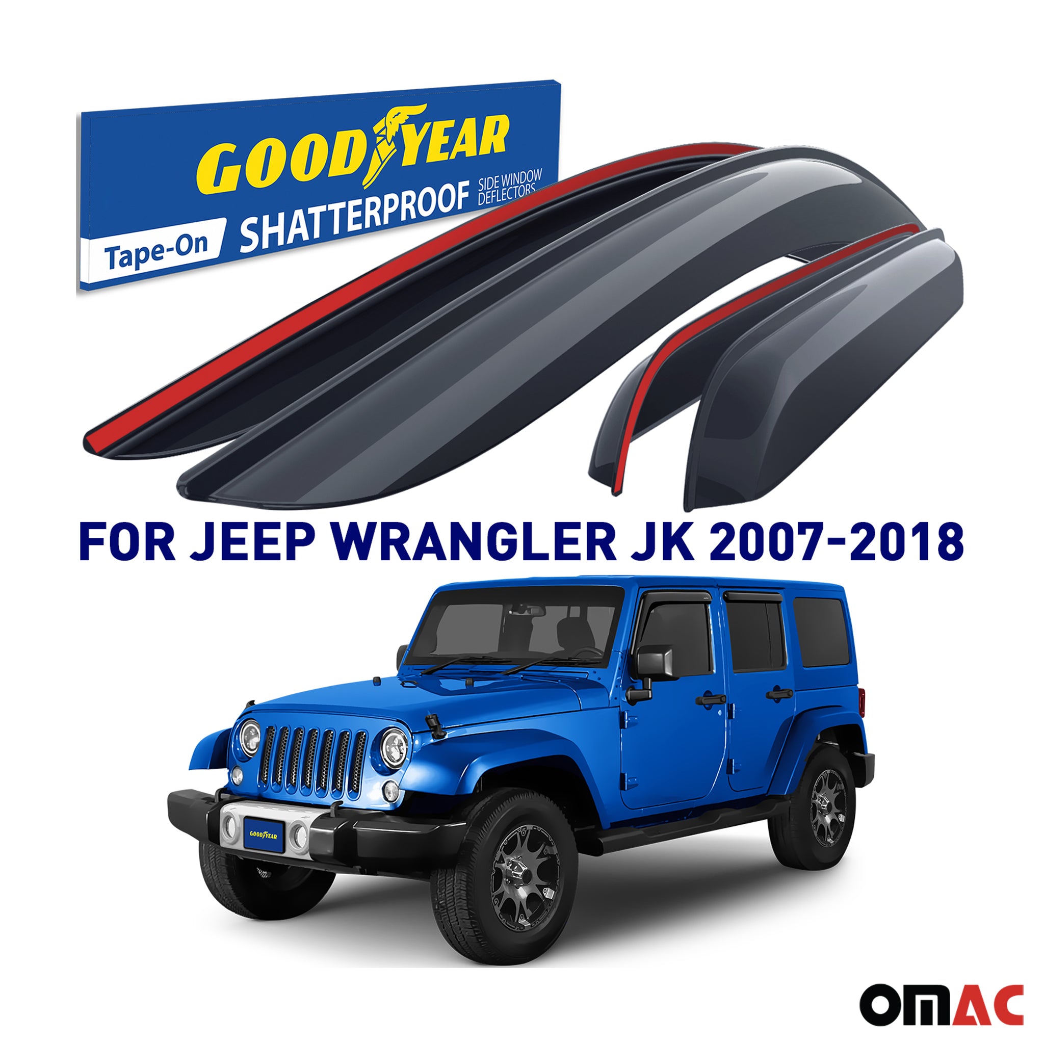 Goodyear Wind Deflectors for Jeep Wrangler JK 2007-2018 Tape-On Premium Smoke 4x