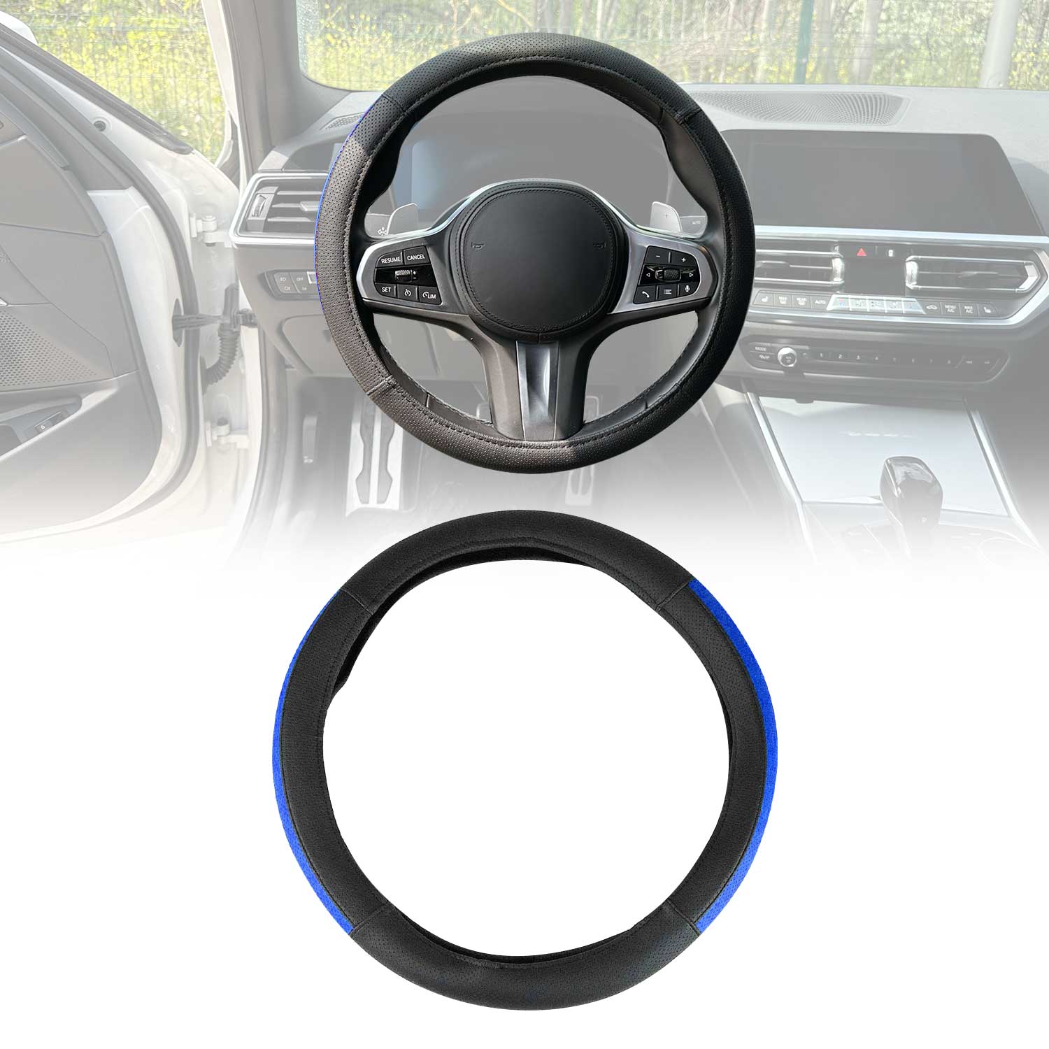 14.5-15.5’’ Steering Wheel Cover Half Moon Blue Leather Anti-slip Breathable