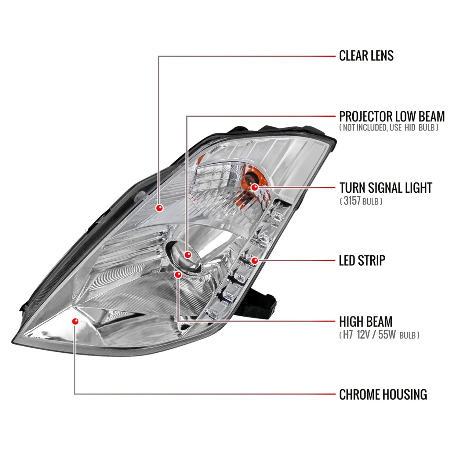 2003-2005 Nissan 350Z Projector Headlights w/ SMD LED Light Strip Chrome/Clear