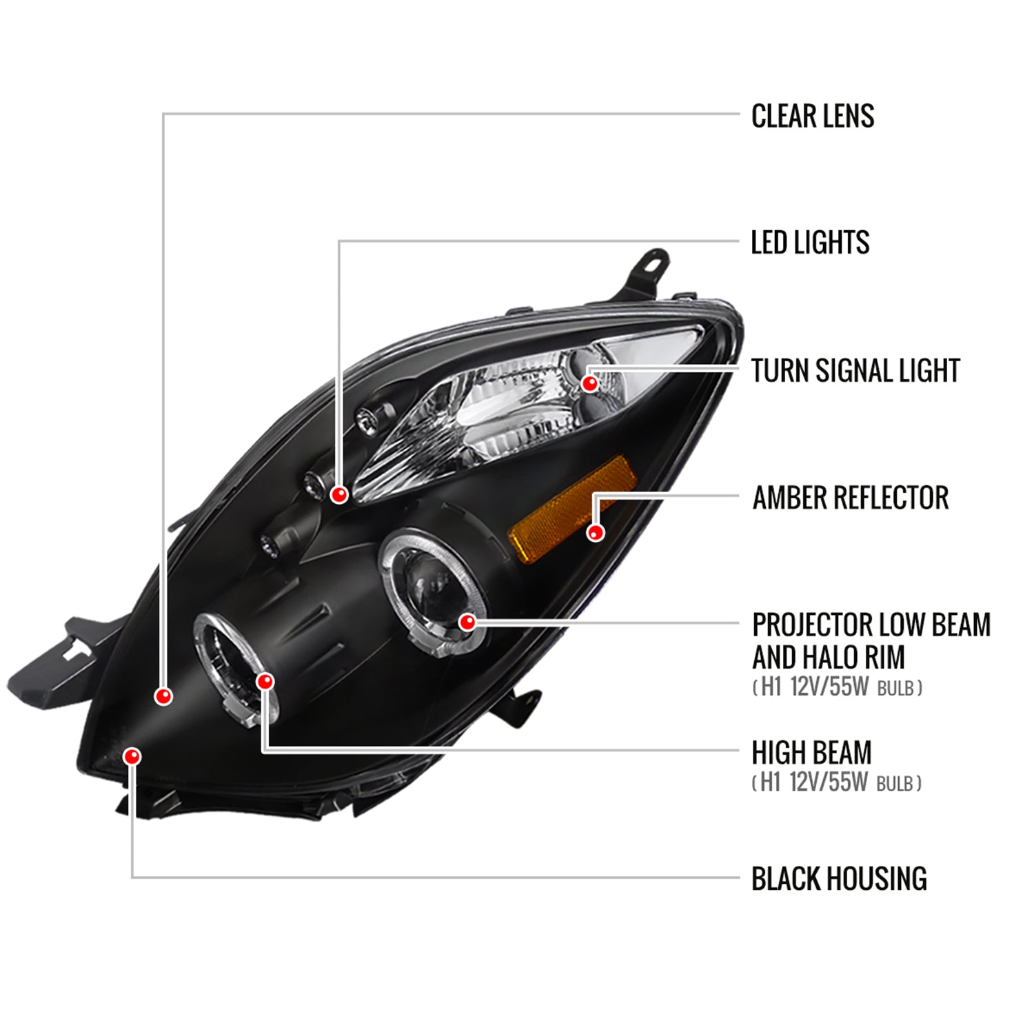 2006-2008 Toyota Yaris Dual Halo Projector Headlights Matte Black/Clear Lens