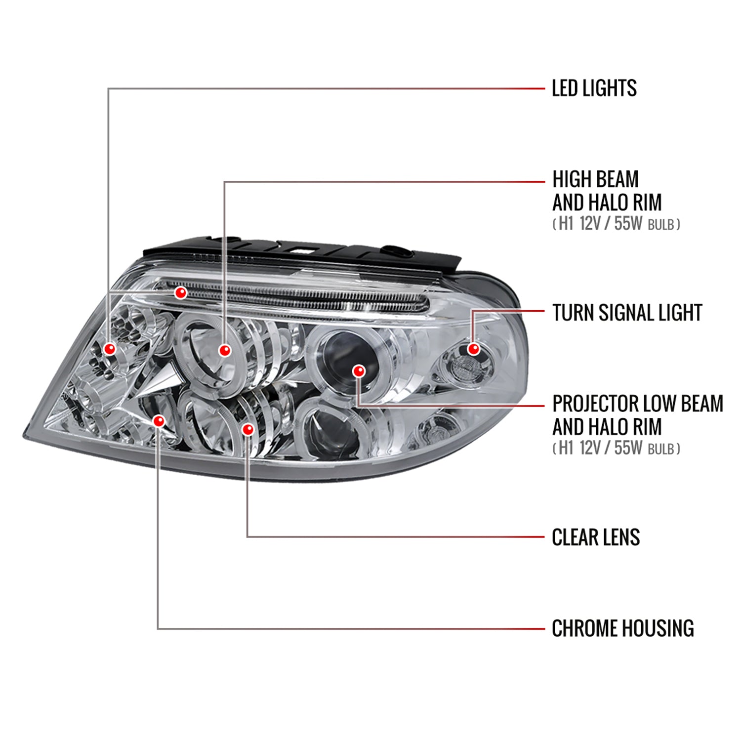 2001-2005 VW Passat Dual Halo Projector Headlights Chrome/Clear Lens