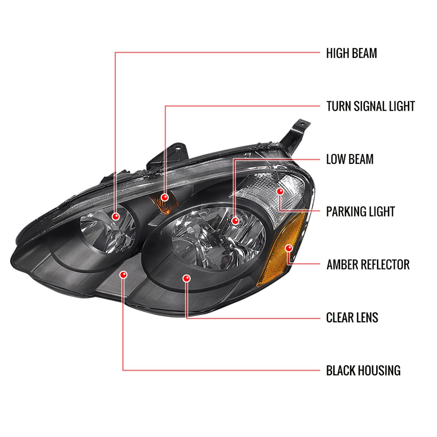 2002-2004 Acura RSX Factory Headlights w/Amber Reflectors Matt Black/Clear