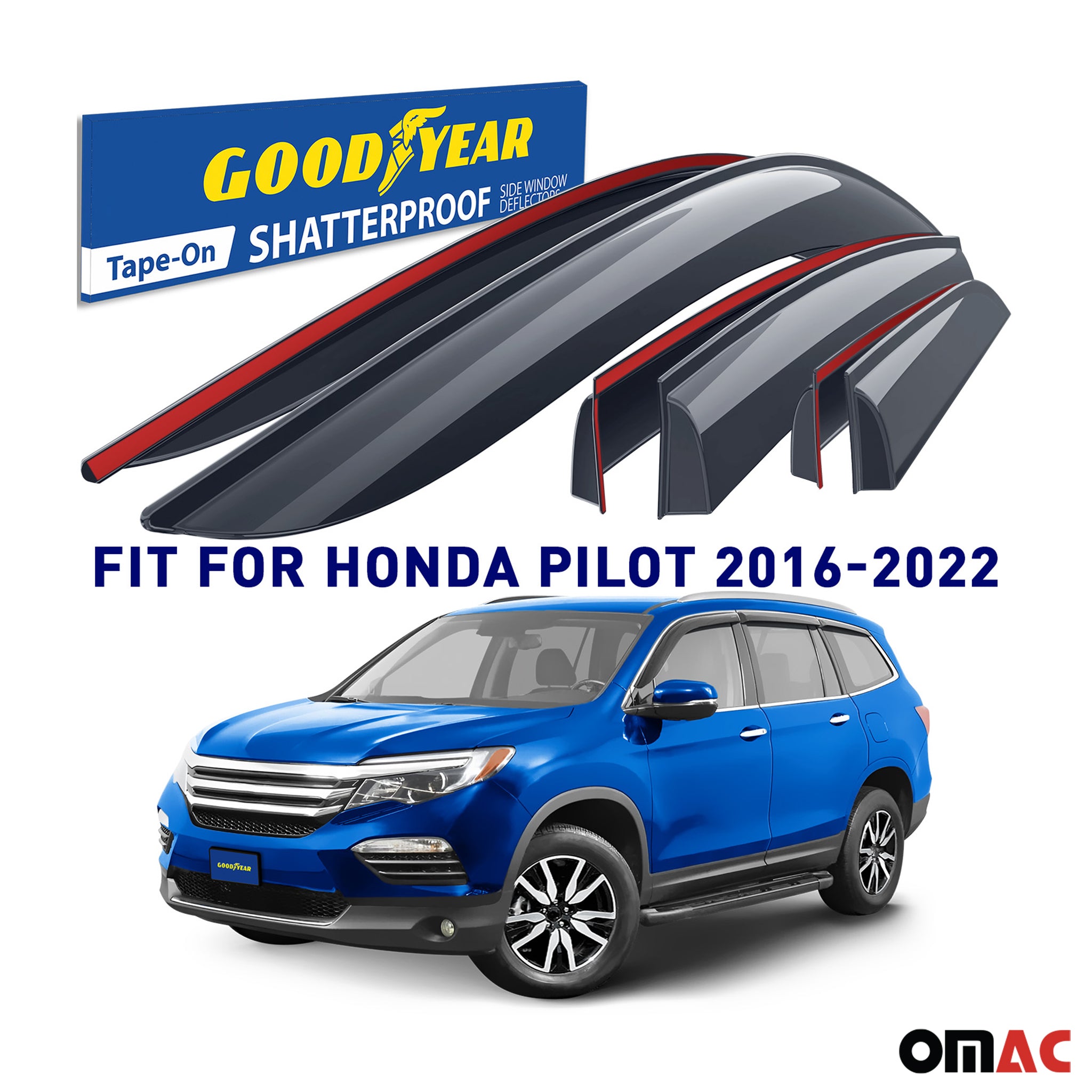 Goodyear Wind Deflectors for Honda Pilot 2016-2022 Tape-On Premium Smoke 6 pcs