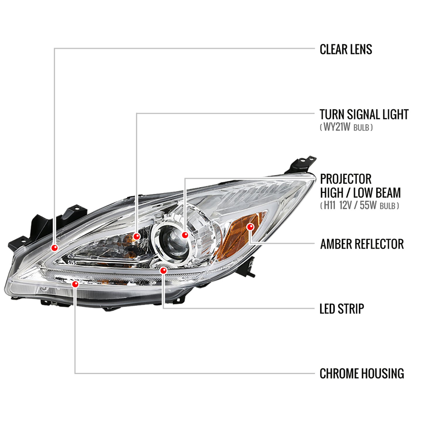 2010-2013 Mazda 3 Projector Headlights w/ LED Light Strip Chrome/Clear Lens