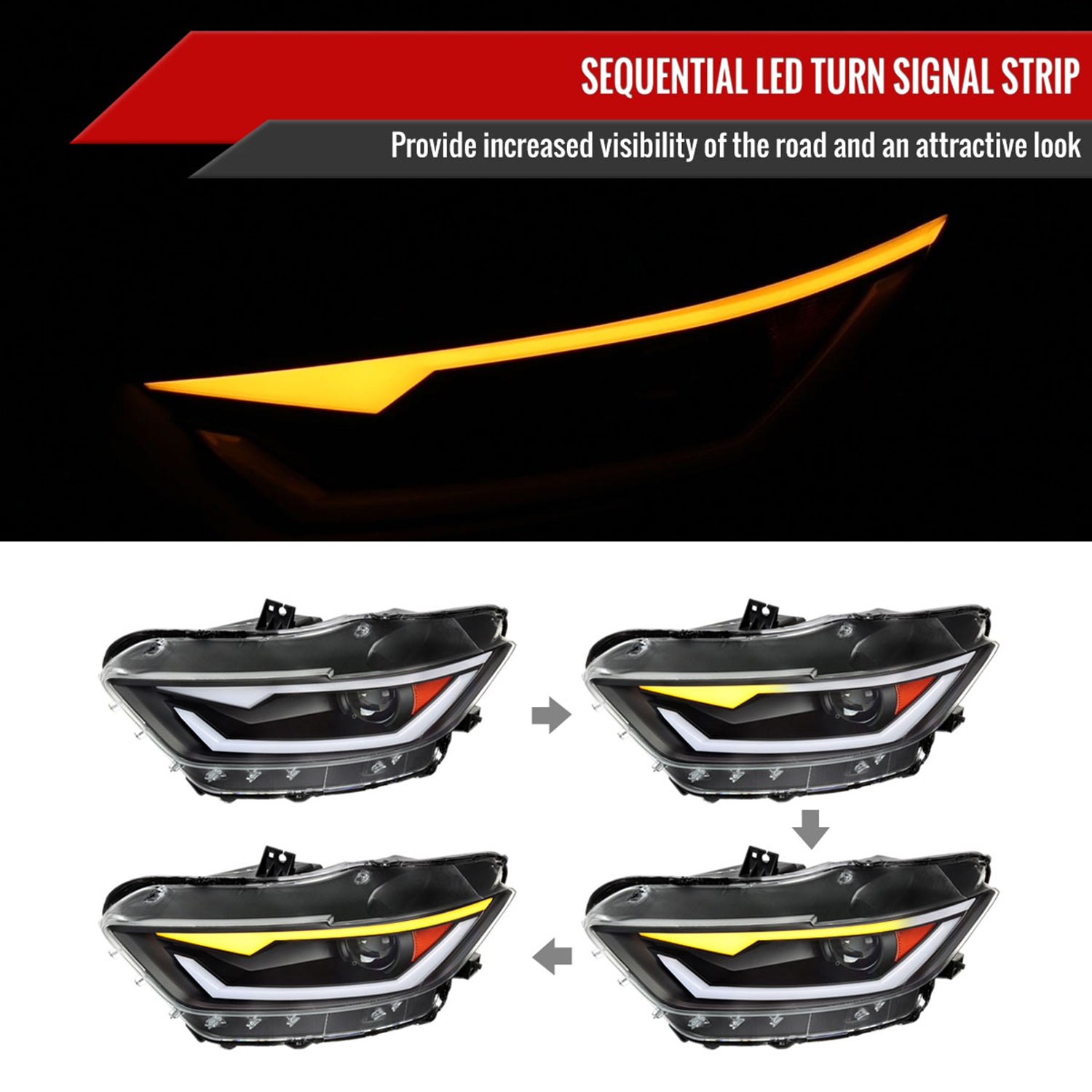 2015-2017 Ford Mustang/2018-2020 Shelby HID/Xenon LED Signal Headlights Black