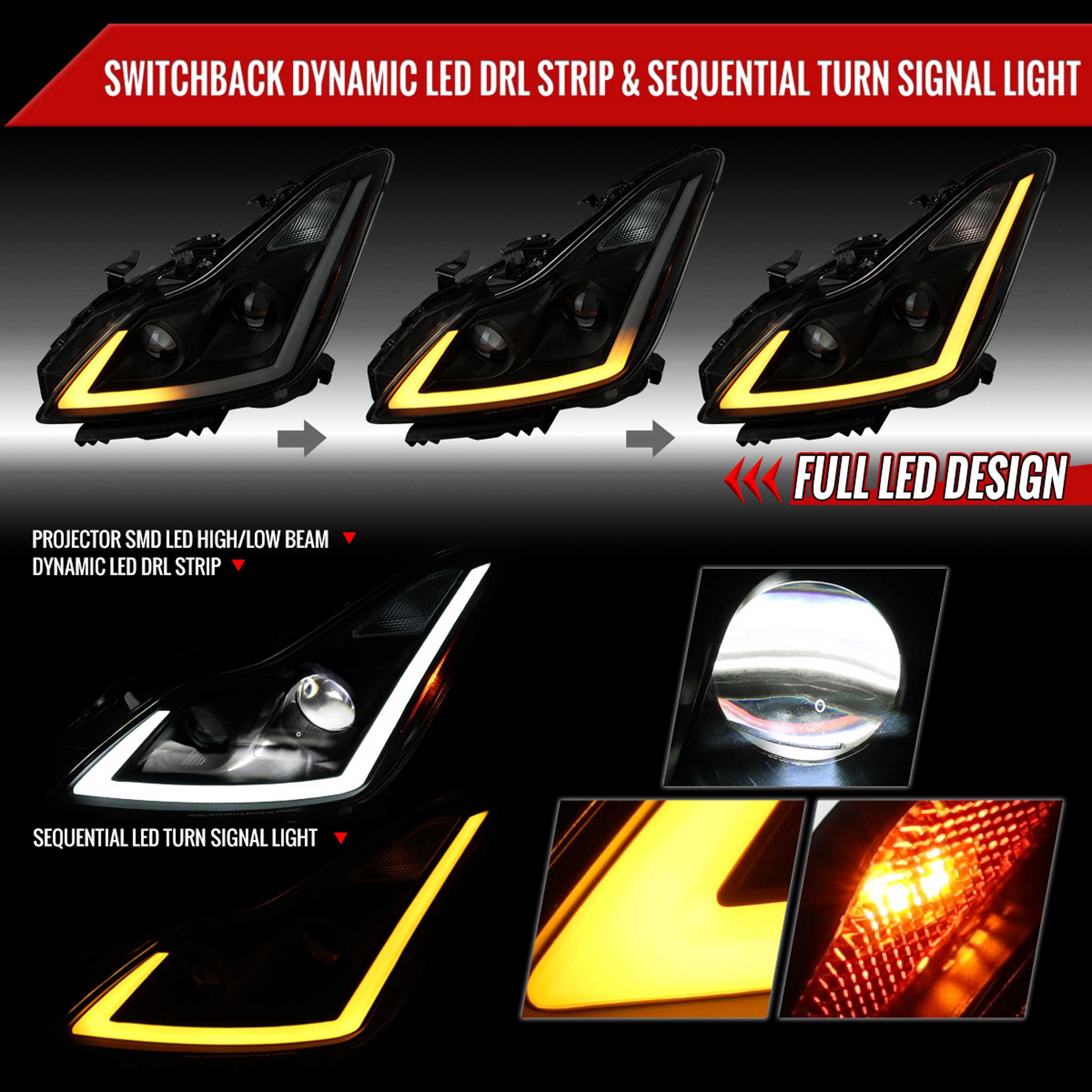 For Infiniti G37 2008-13 / Q60 Coupe 2014-15 LED Projector Headlights Sequential Matte Black Smoked Lens Switchback