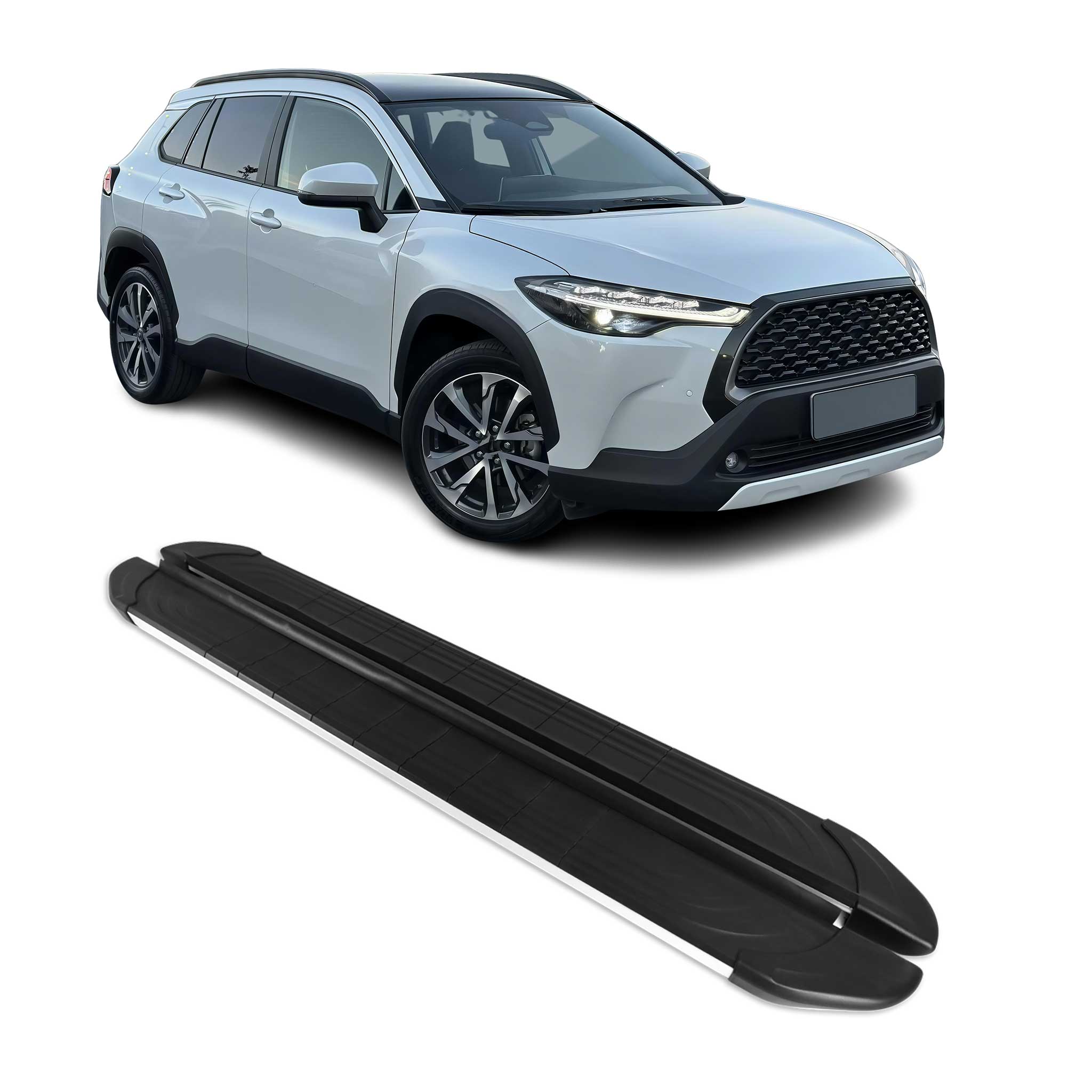 2022-2026 Toyota Corolla Cross Running Boards Side Steps Silver & Black