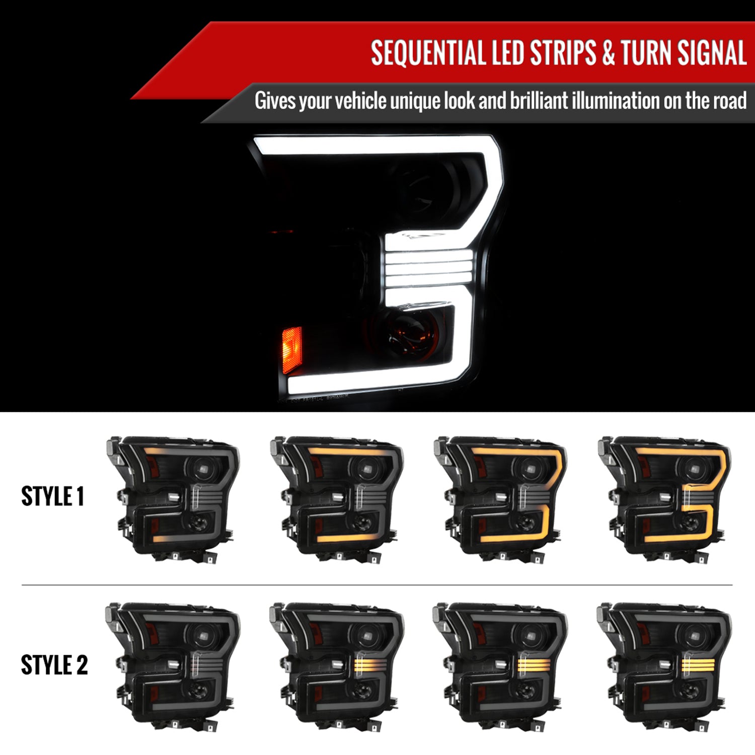 2015-2017 Ford F-150 LED Bar Projector Headlights Turn Signals Black / Smoked