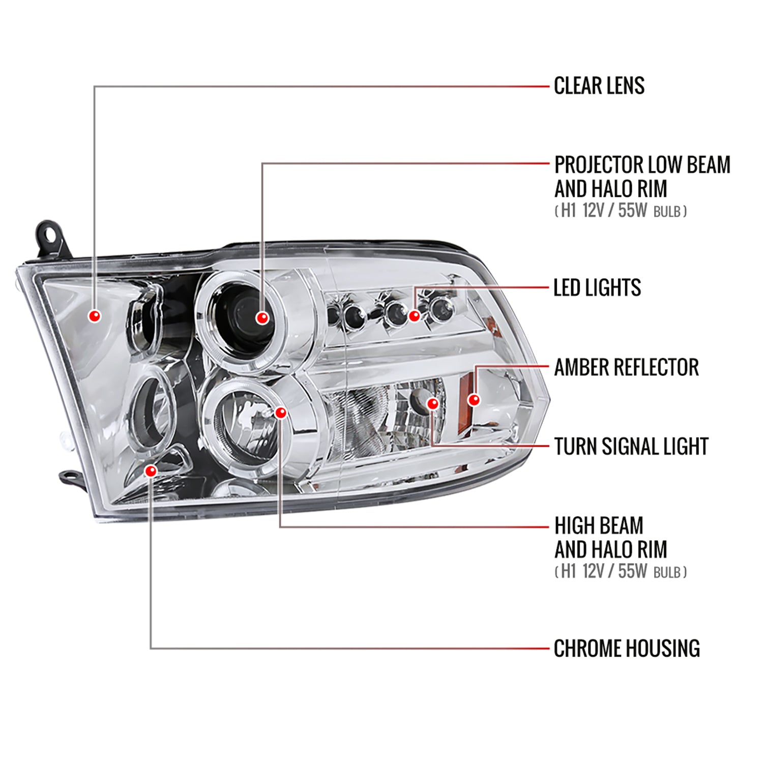 2009-2018 Dodge RAM 1500 / RAM 2500 3500 Dual Halo Headlights Chrome