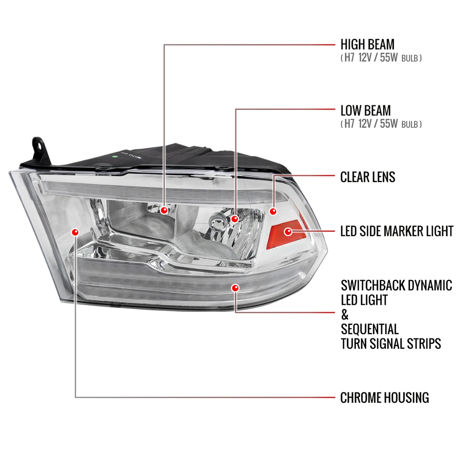2009-2018 Dodge RAM 1500/ RAM 2500 3500 Dual LED Bar Factory Headlights Chrome