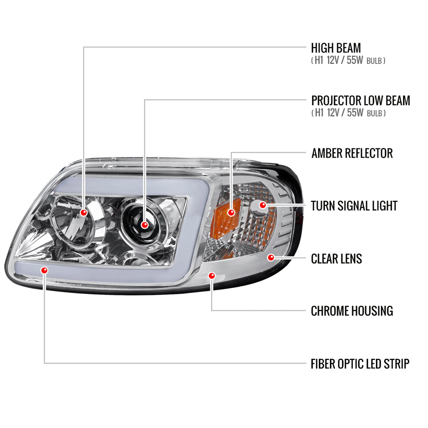 1997-2004 Ford F-150 / 97-2002 Expedition LED C-Bar Projector Headlights Chrome