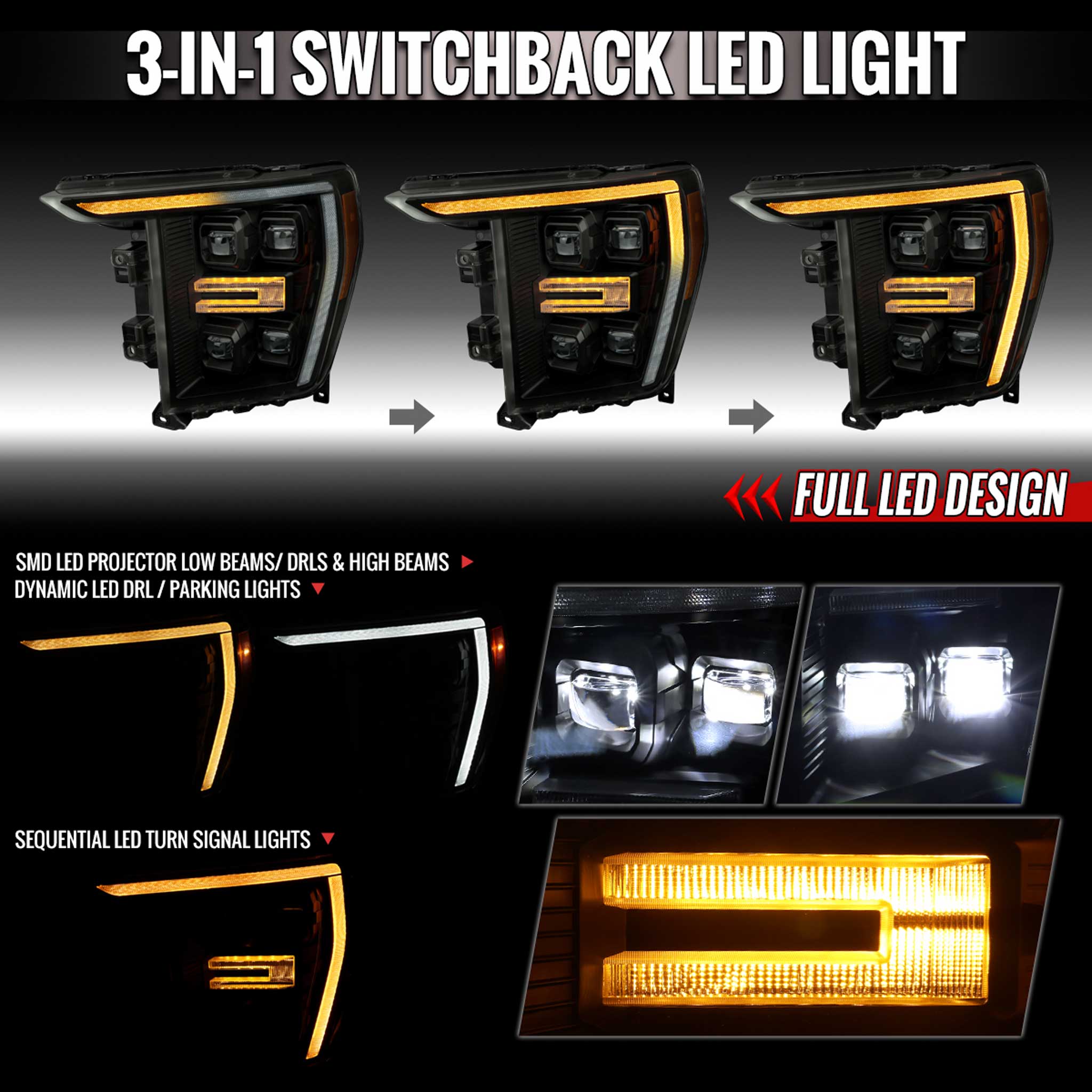For Ford F-150 2021-2023 Full LED Projector Headlights Sequential DRL Black Smoked Halogen Fit