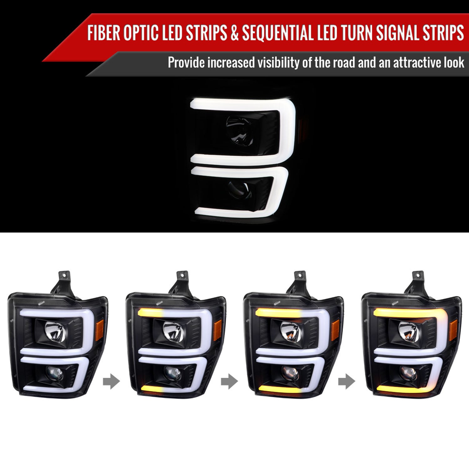 2008-2010 Ford F-250/350/450/550 LED Signal Bar Projector Headlights Black