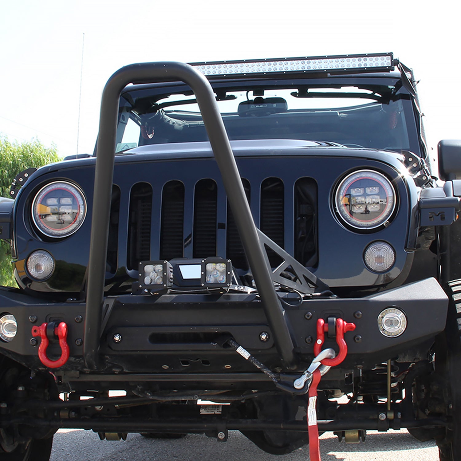 Universal 7" Round Cree LED Red Rim Halo Projector Headlights - 2PC Matt Black