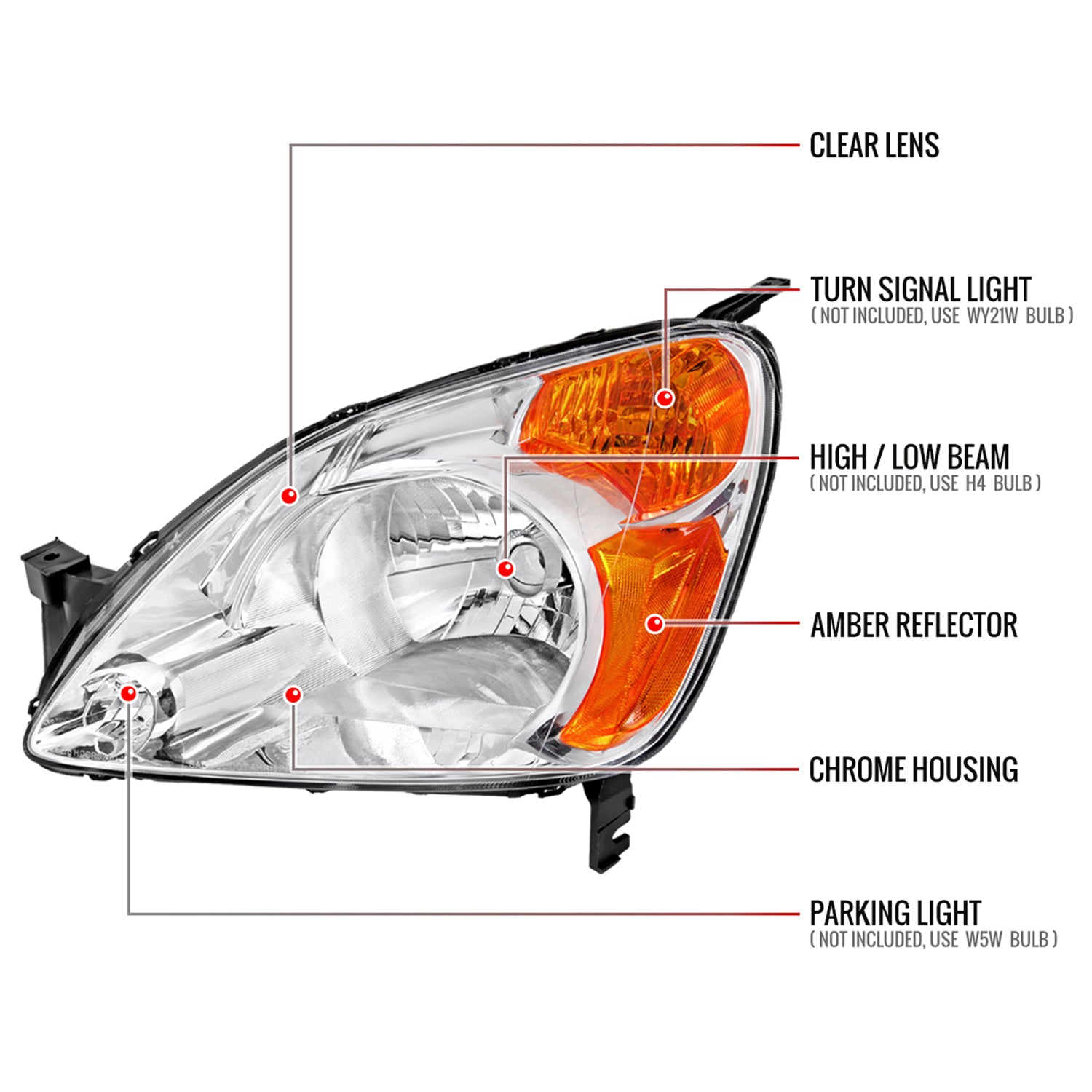 2002-2004 Honda CR-V Factory Style Headlights w/Amber Reflector Chrome/Clear