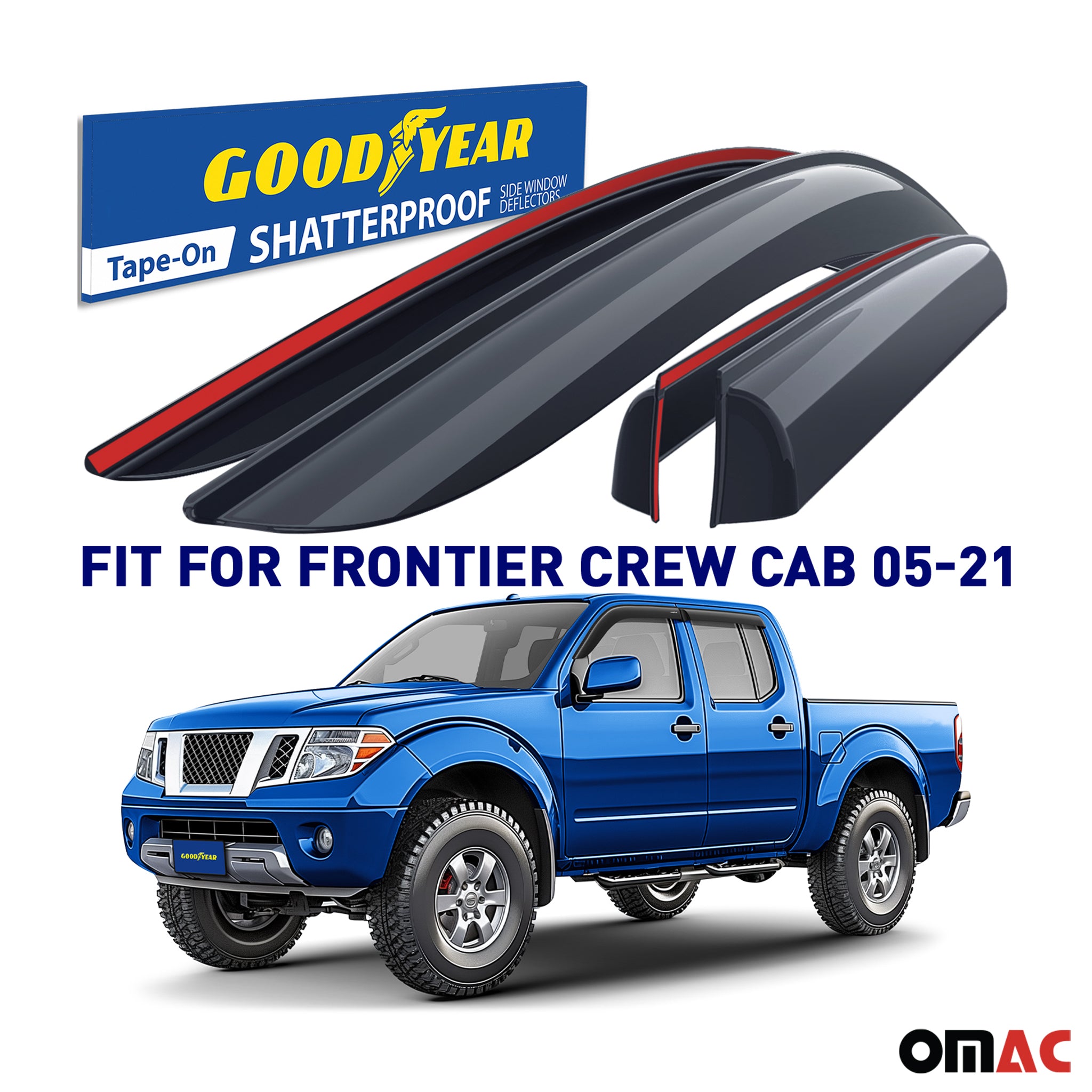 Goodyear Wind Deflectors for Nissan Frontier 2005-2021 Crew Cab Tape-On Smoke 4x