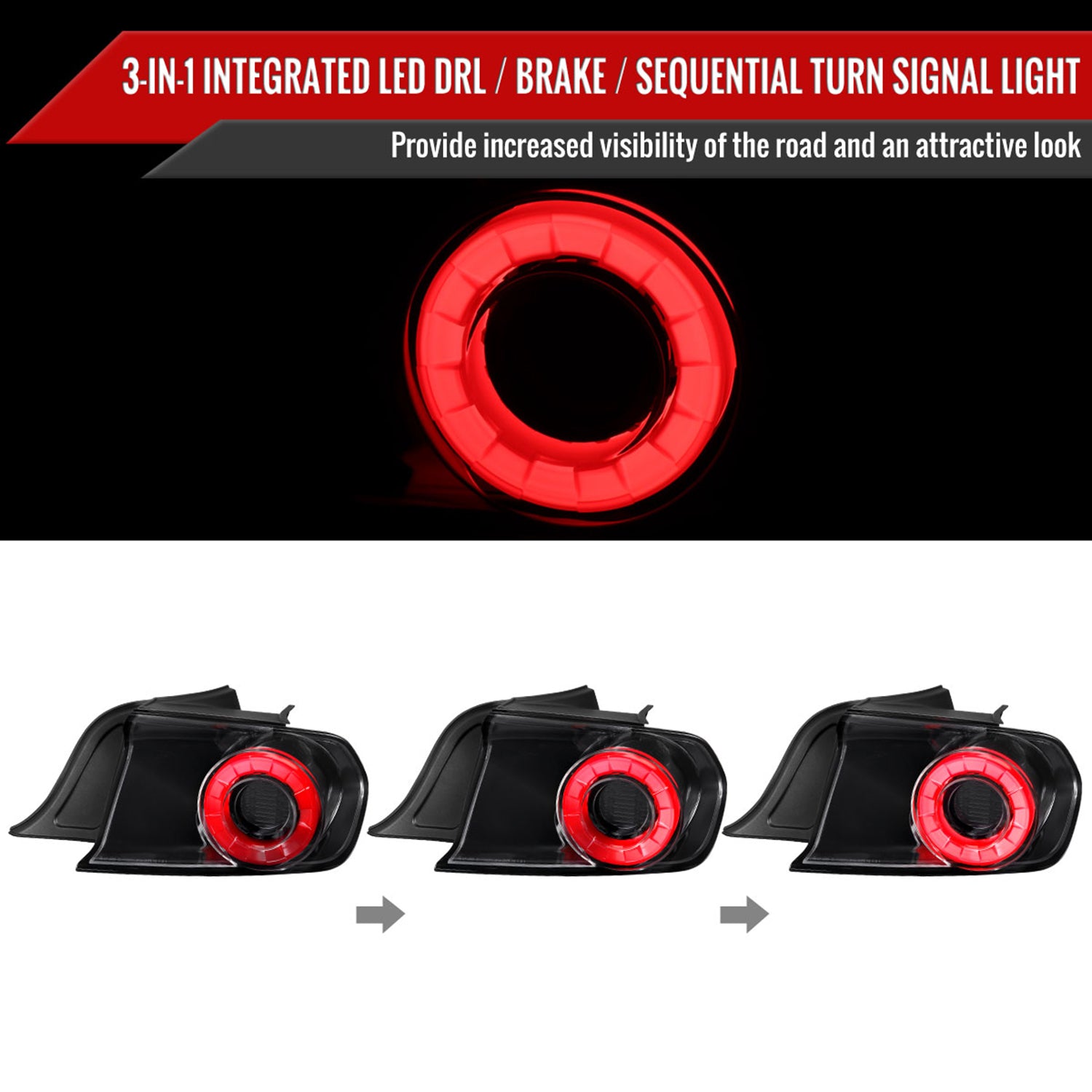 2015-2022 Ford Mustang Coupe/Convertible Red LED Bar Tail Lights Glossy Black