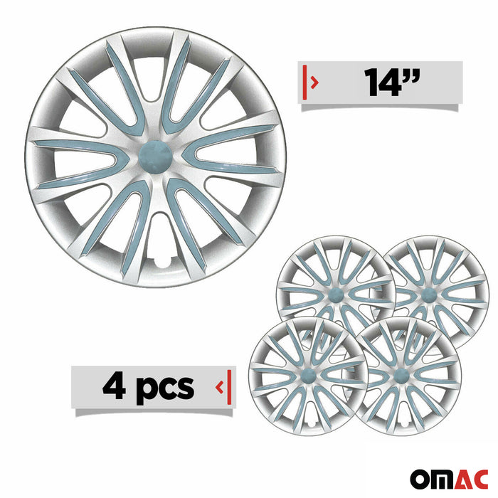 14" Set of 4 Pcs Wheel Covers Silver with Blue Hub Caps fit R15 Steel Rim