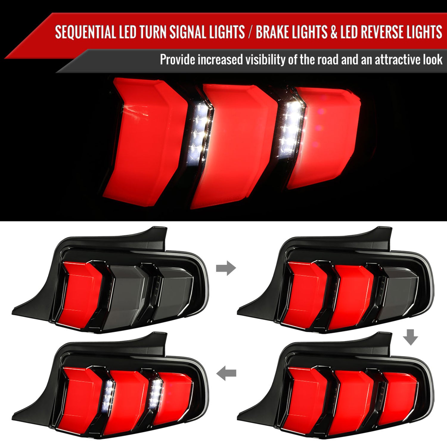 2010-2012 Ford Mustang Sequential LED Tail Lights Glossy Black/Smoke Lens
