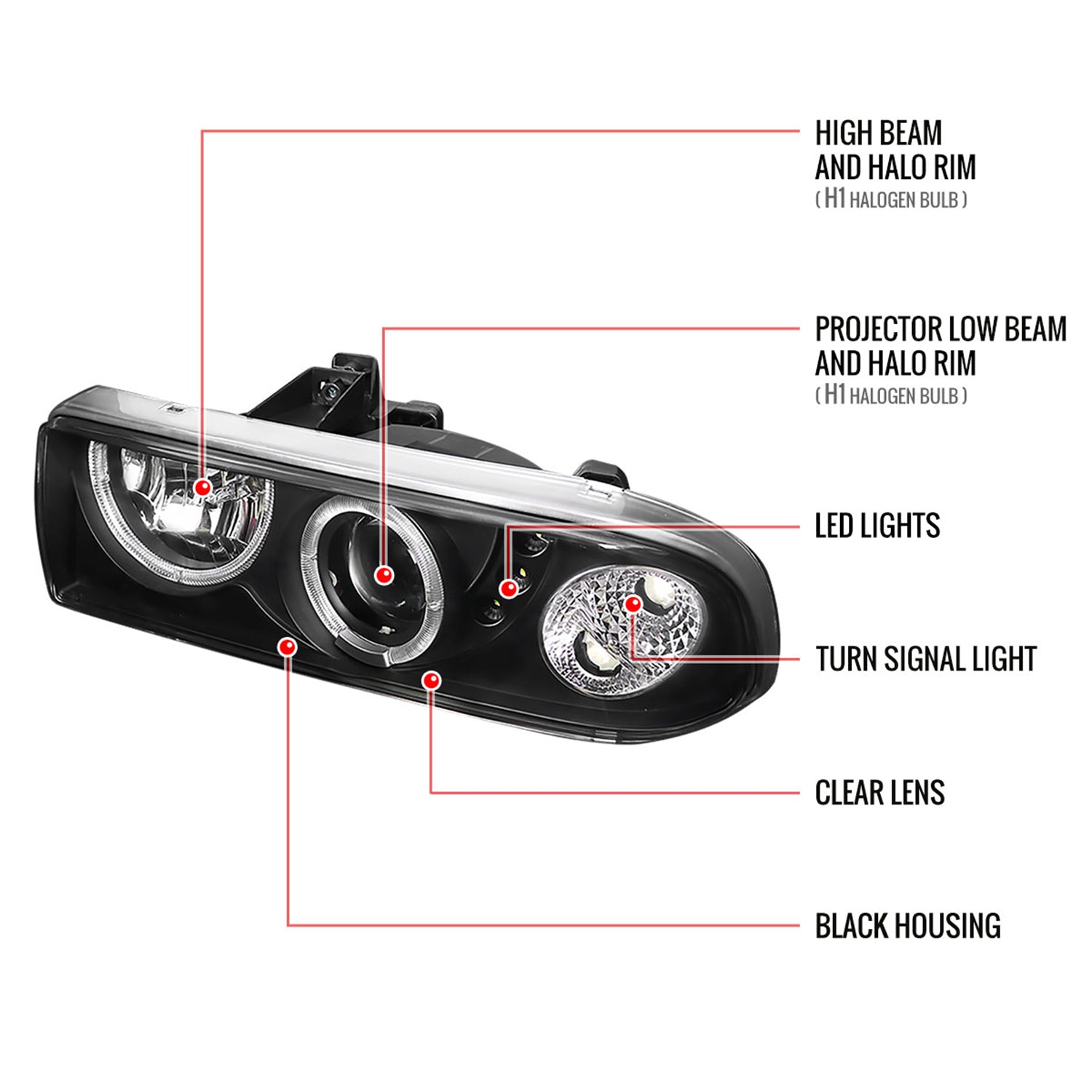 1998-2004 Chevy S10 Dual Halo Projector Headlights Matte Black/Clear Lens