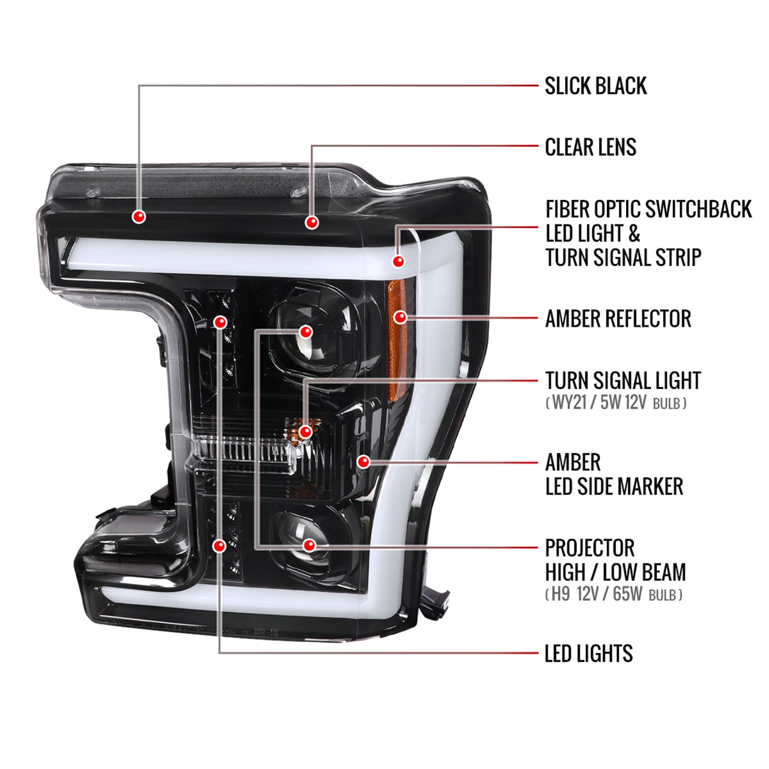 2017-2019 Ford F-250 F-350 F-450 F-550 LED CBar Projector Headlights Jet Black