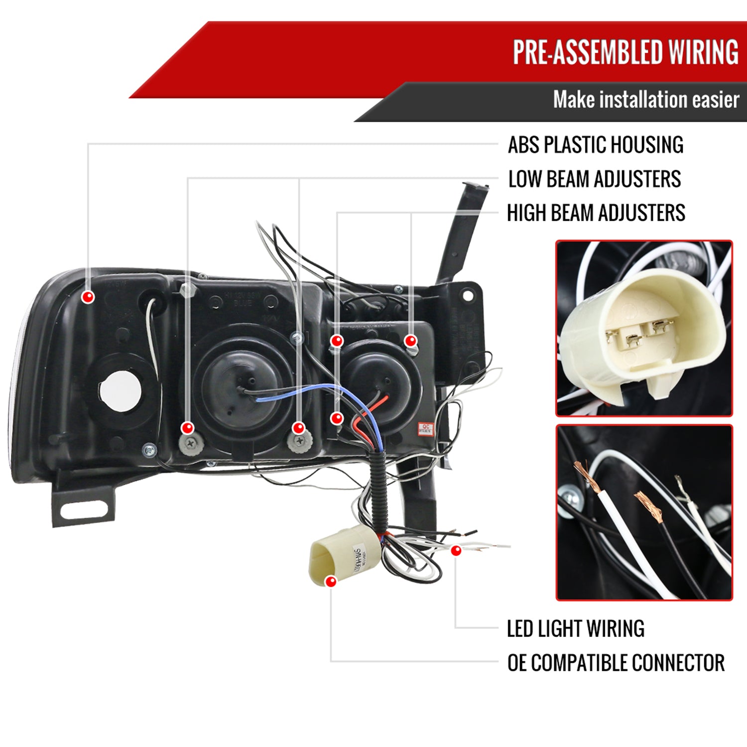 1994-2001 Dodge RAM 1500 2500 3500 Dual Halo Projector Headlights Black/Smoke