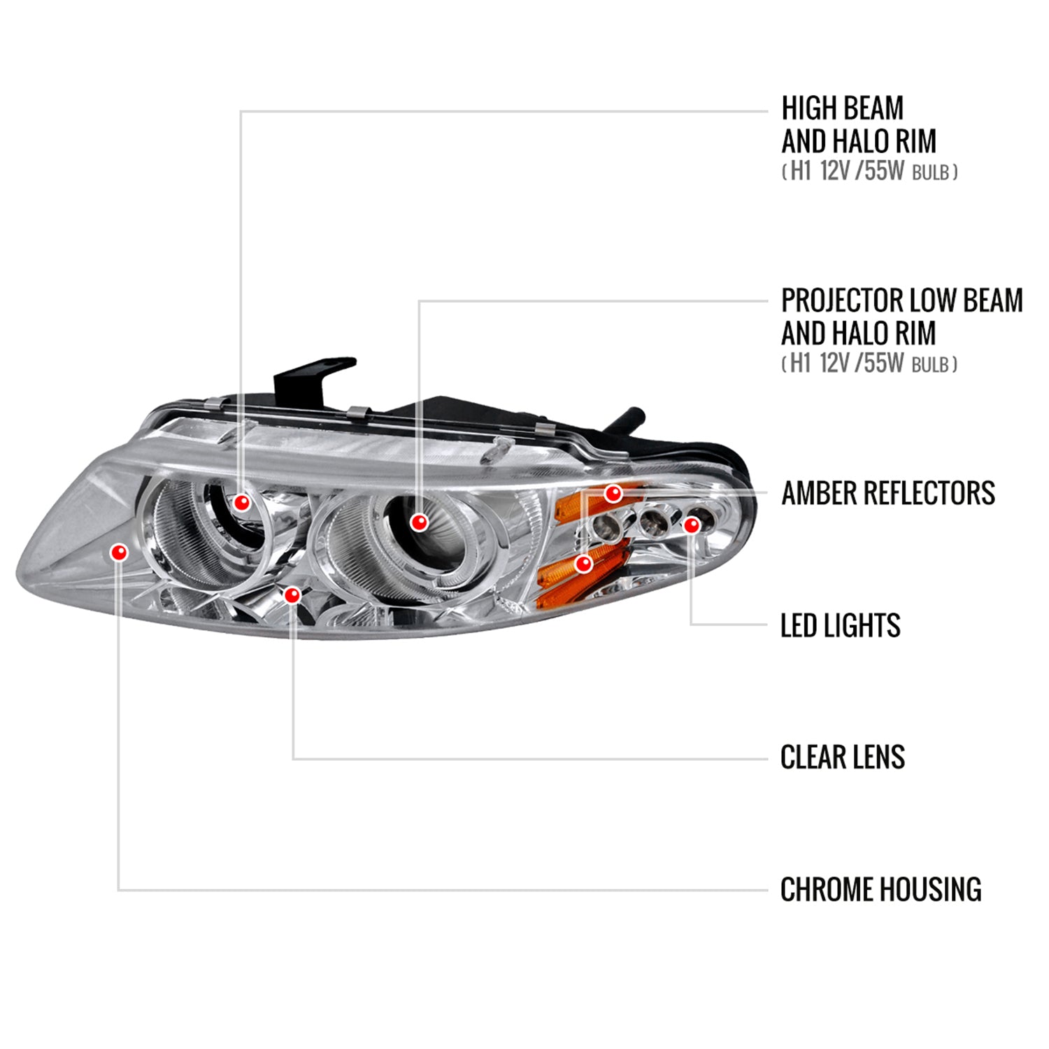 1997-2000 Dodge Avenger Chrysler Sebring Coupe Dual Halo Headlights Chrome