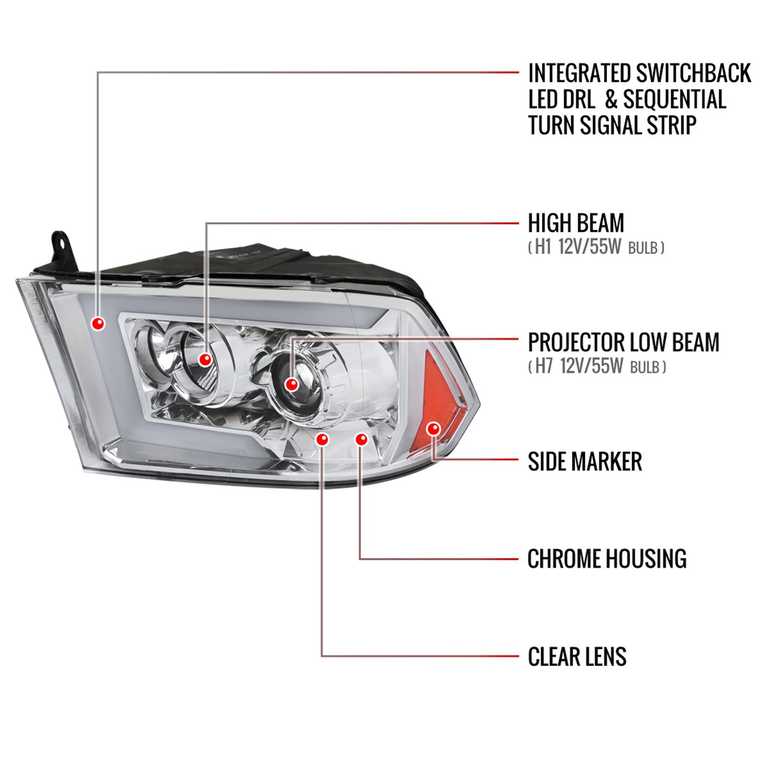 2009-2018 Dodge RAM 1500 / RAM 2500 3500 Switchback LED Headlights Chrome
