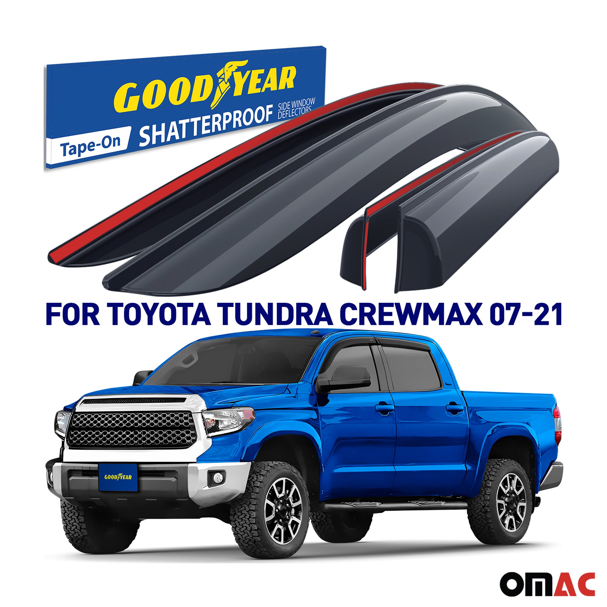 Goodyear Wind Deflectors for Toyota Tundra 2007-2021 CrewMax Tape-On Smoke 4 pcs