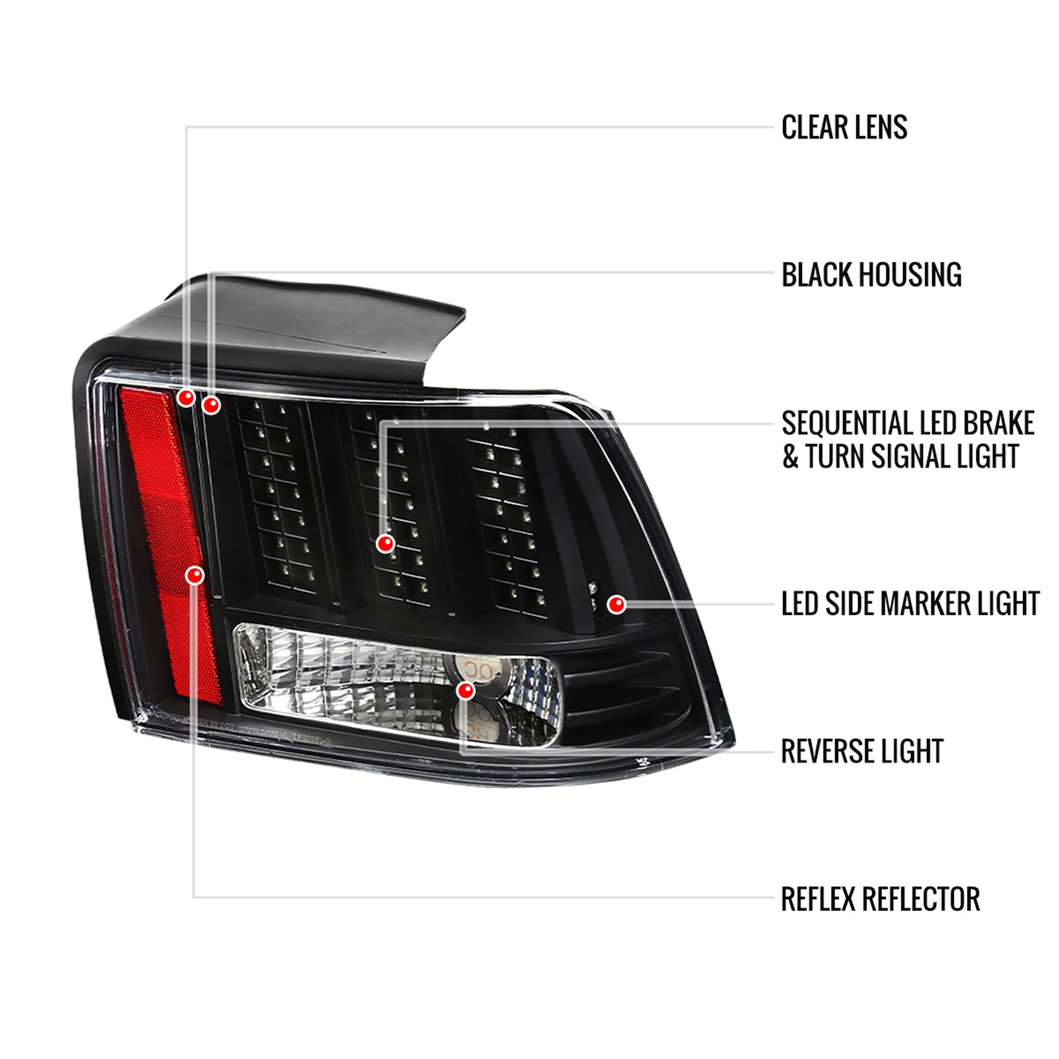 1999-2004 Ford Mustang Sequential LED Tail Lights - RS Matte Black/Clear Lens