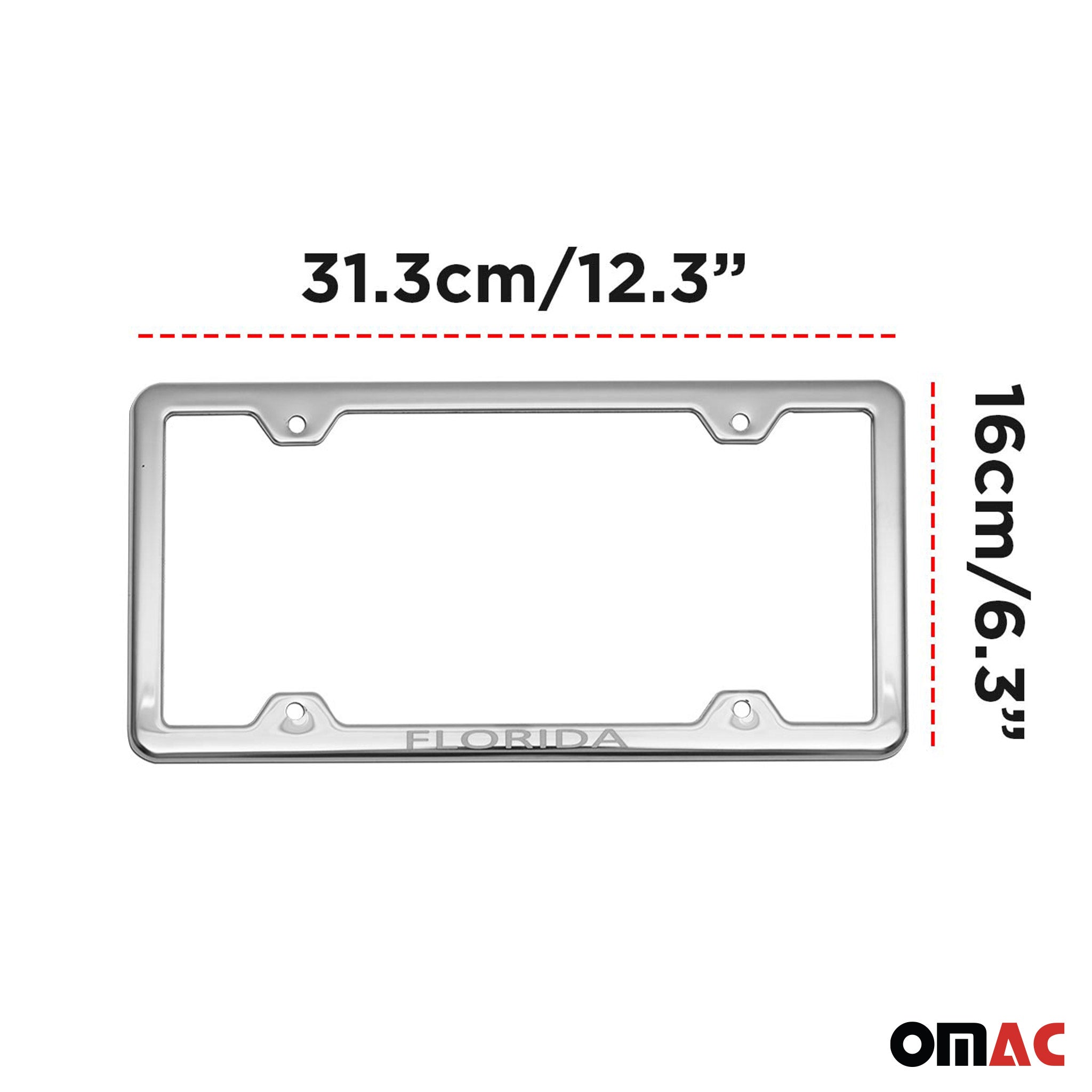 FLORIDA Print License Plate Frame Tag Holder Chrome S. Steel Set 2 Pcs.