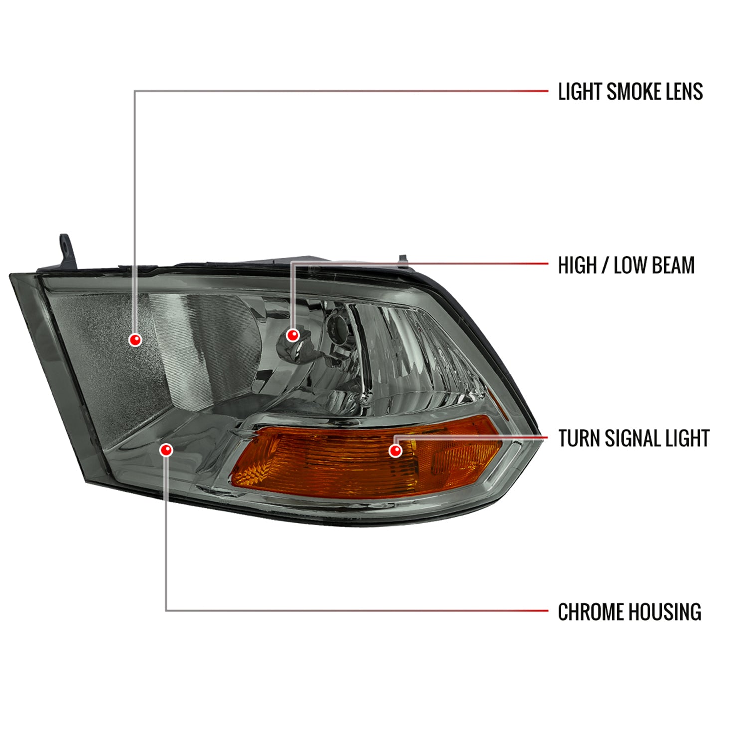 2009-2018 Dodge RAM 1500/ 2019-2023 2500 3500 Quad Headlights Chrome/Light Smoke