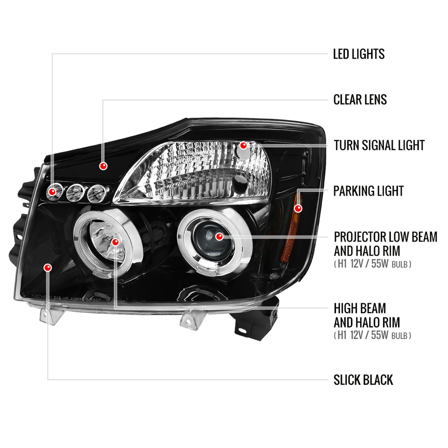 2004-2015 Nissan Titan/ 04-2007 Armada Dual Halo Projector Headlights Jet Black