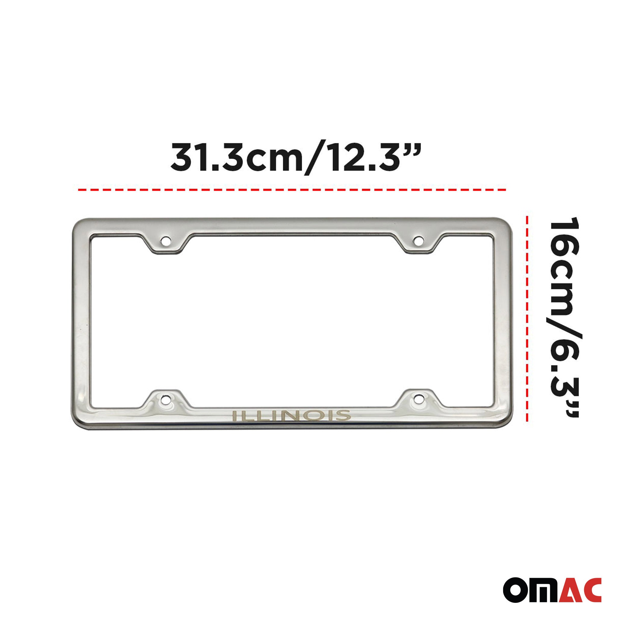 ILLINOIS Print License Plate Frame Tag Holder Chrome S. Steel Set 2 Pcs.