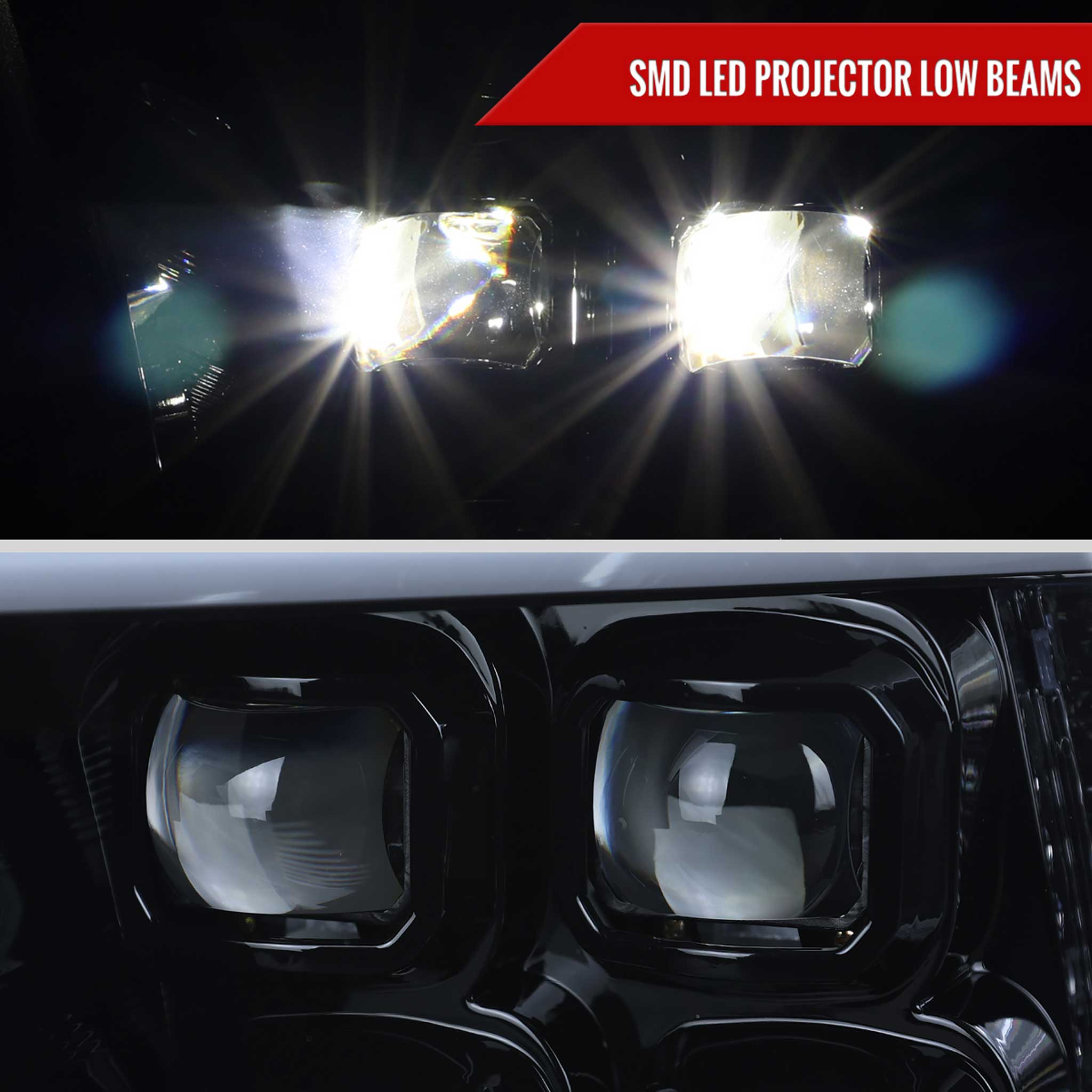 For Dodge RAM 1500 2009-18 / RAM Classic 2019 / 2500 3500 2010-18 LED Bar Turn Signal Projector Headlights Glossy Black Housing Smoked Lens